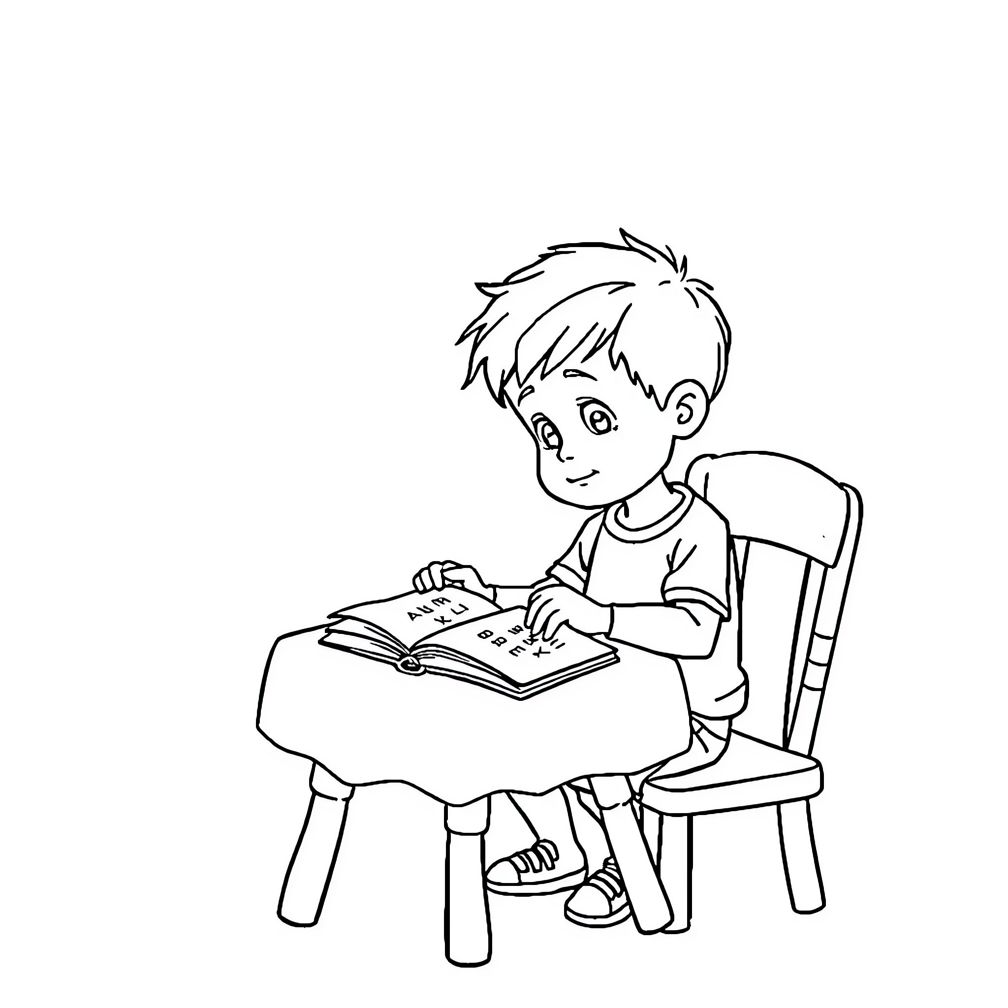 Boy diligently studying at a desk Coloring Page (free black-and-white line drawing printable PDF for all, from beginners to advanced learners, including children, teens, adults, and seniors)