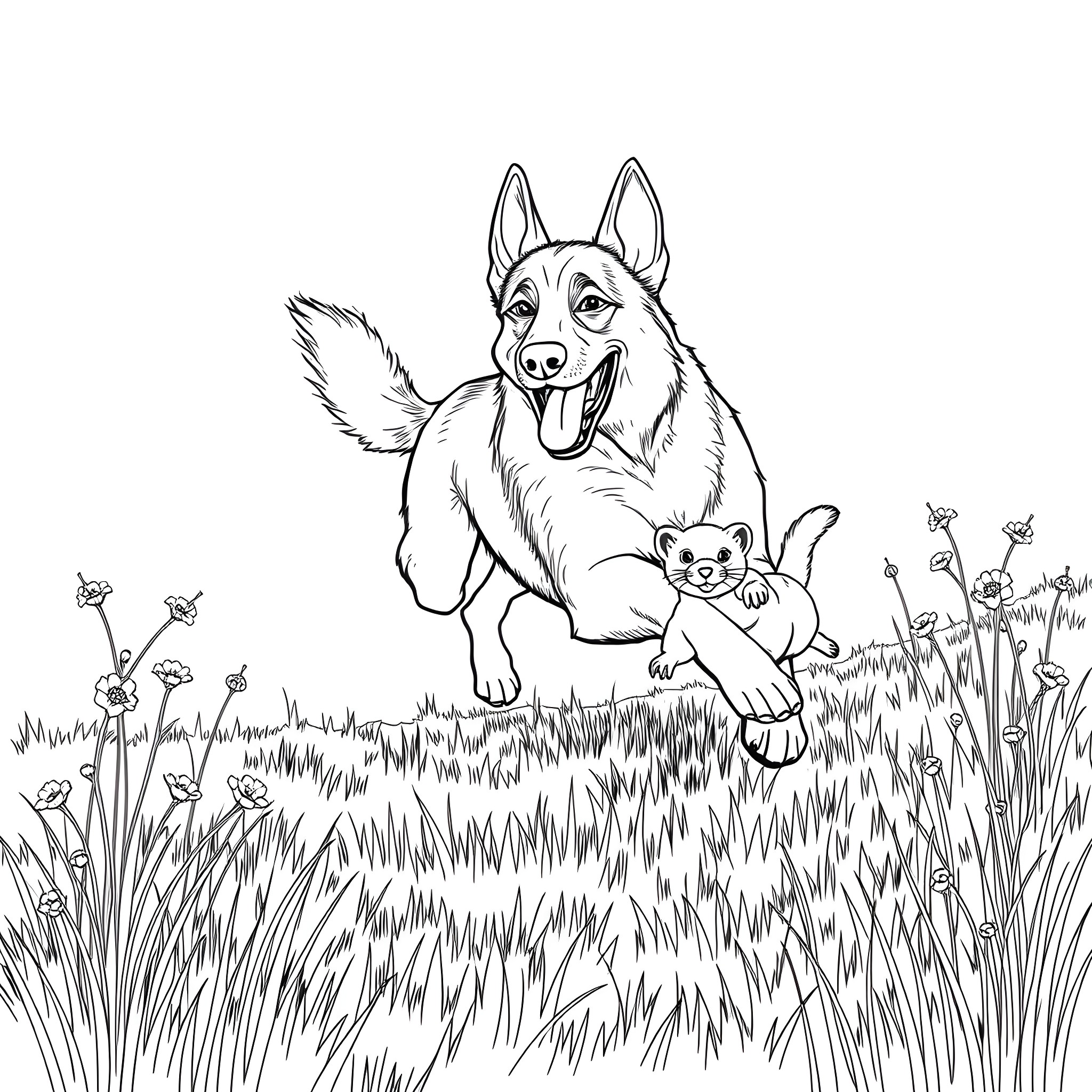 German Shepherd playing happily with a cat in a field Coloring Page (free black-and-white line drawing printable PDF for all, from beginners to advanced learners, including children, teens, adults, and seniors)