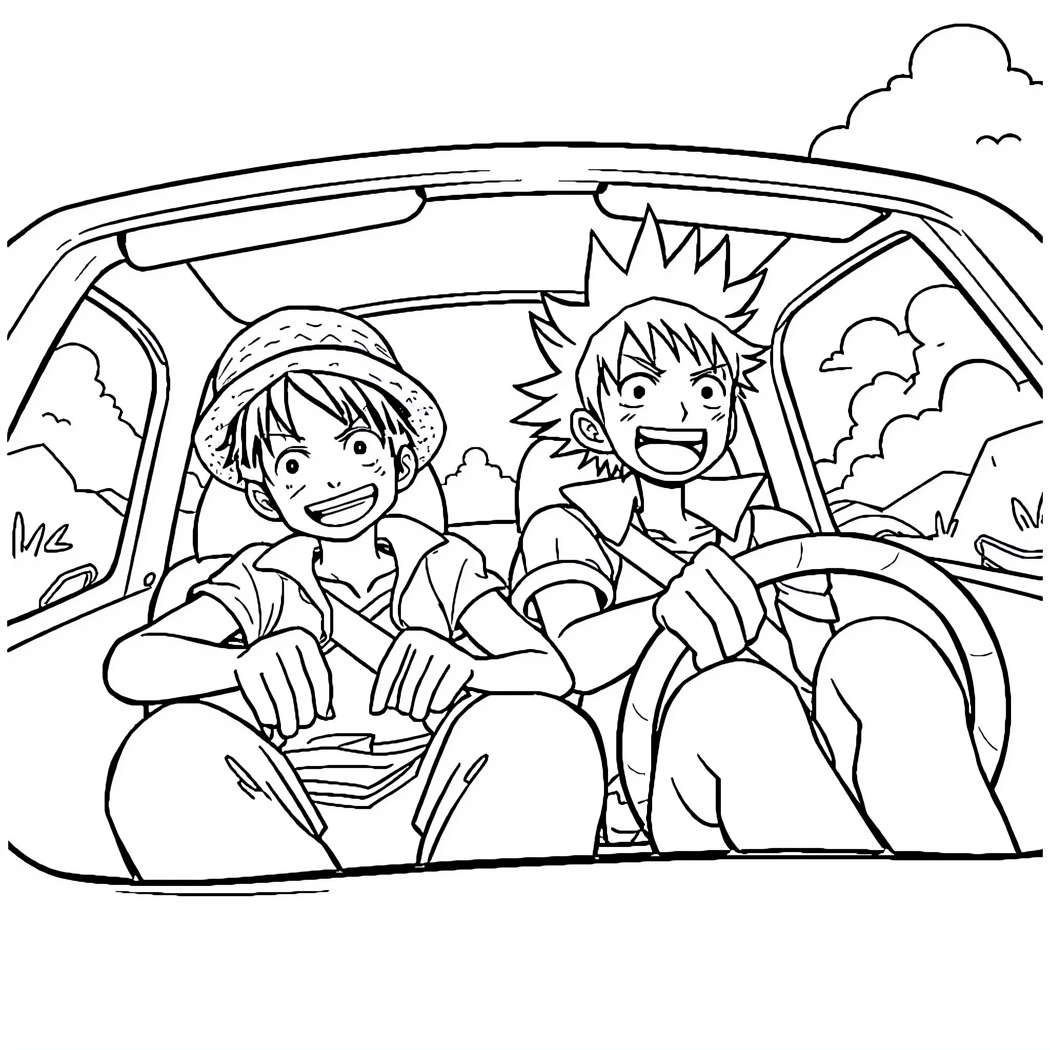 Luffy and friend riding in a car Coloring Page (free black-and-white line drawing printable PDF for all, from beginners to advanced learners, including children, teens, adults, and seniors)
