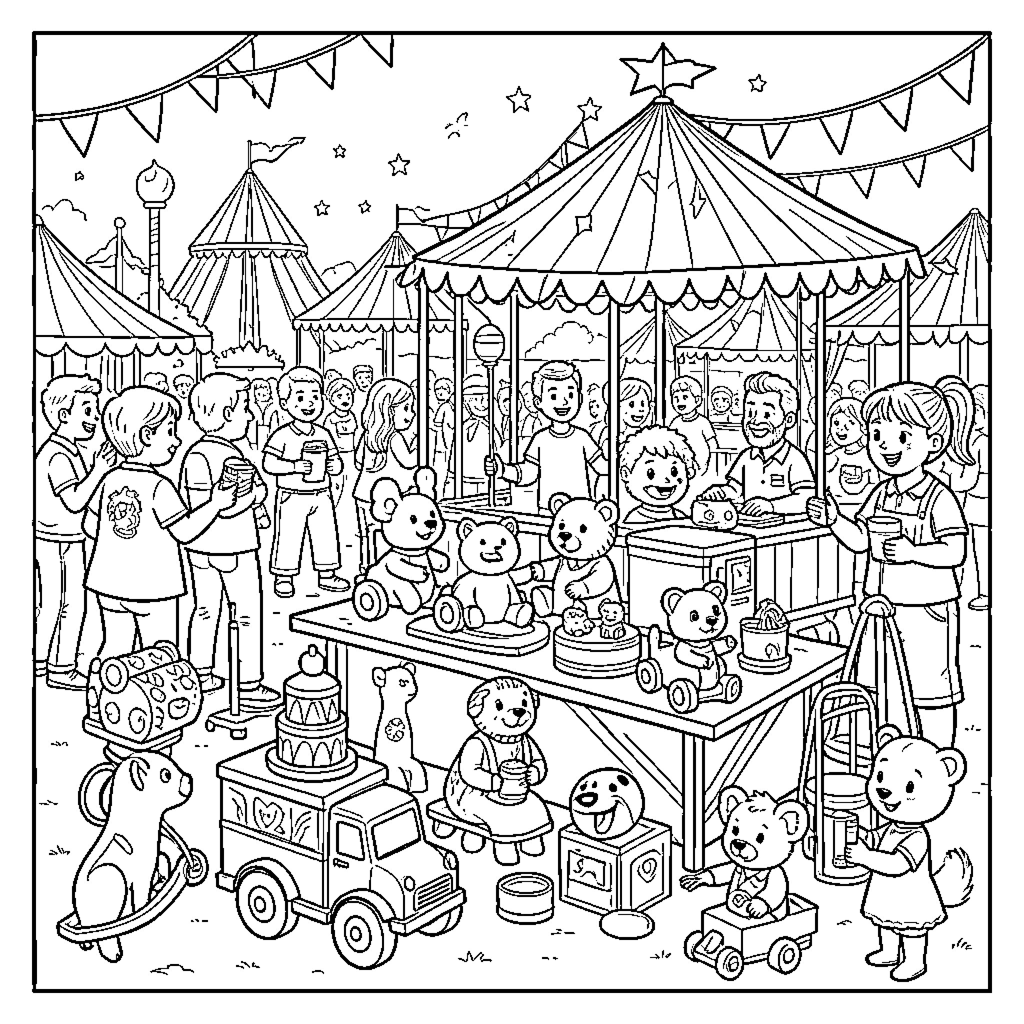 Toy carnival with festive decorations and crowd Coloring Page (free black-and-white line drawing printable PDF for all, from beginners to advanced learners, including children, teens, adults, and seniors)