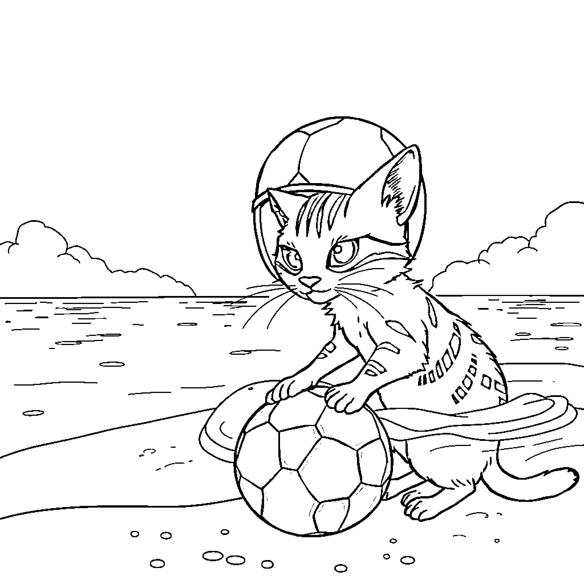 Portero kitten playing with soccer ball on the beach Coloring Page (free black-and-white line drawing printable PDF for all, from beginners to advanced learners, including children, teens, adults, and seniors)