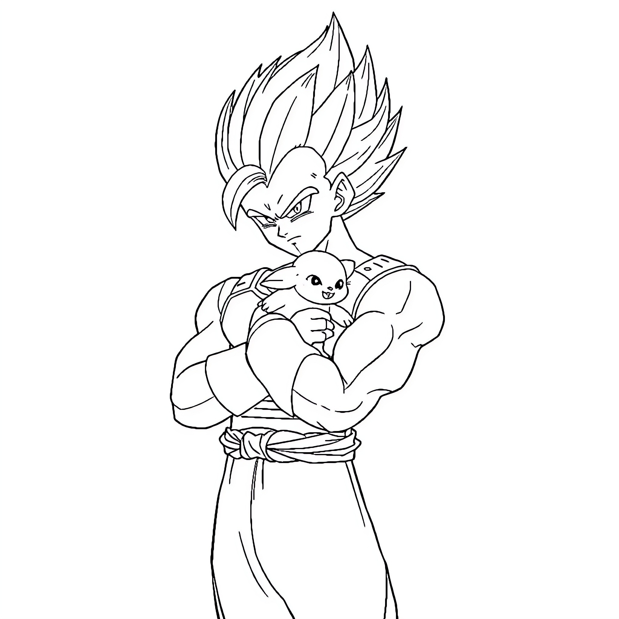 Vegeta, the fierce warrior, protecting a small companion Coloring Page (free black-and-white line drawing printable PDF for all, from beginners to advanced learners, including children, teens, adults, and seniors)