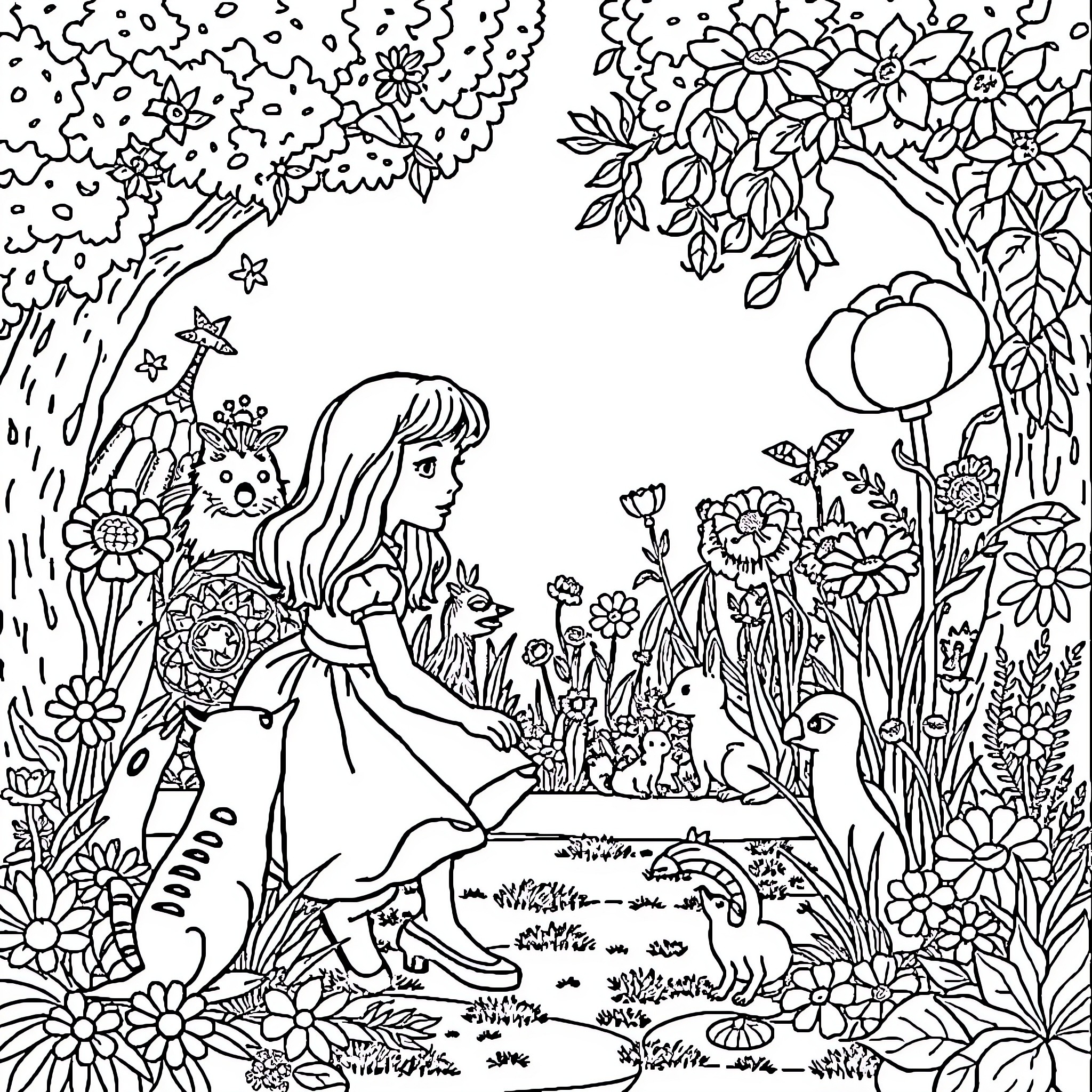 Alice in a Whimsical Flower Garden Coloring Page (free black-and-white line drawing printable PDF for all, from beginners to advanced learners, including children, teens, adults, and seniors)