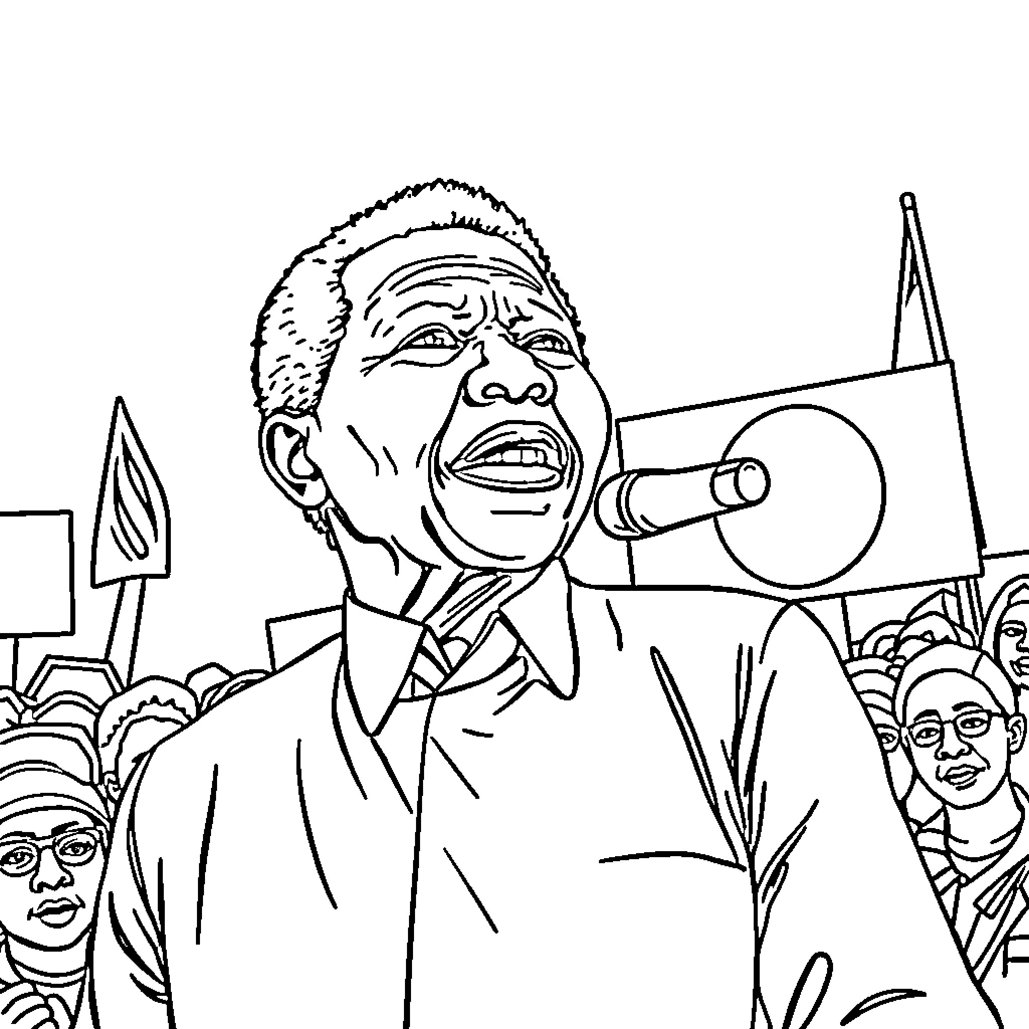 Nelson Mandela Giving Passionate Speech to Crowd Coloring Page (free black-and-white line drawing printable PDF for all, from beginners to advanced learners, including children, teens, adults, and seniors)