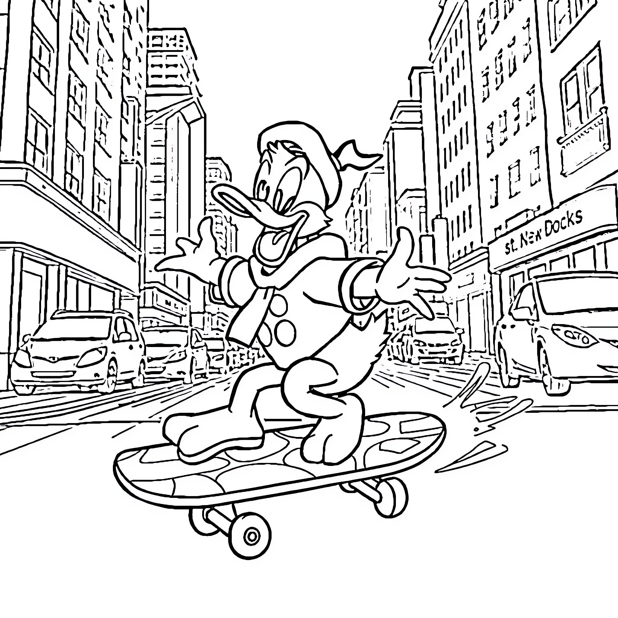 Donald Duck on a skateboard in the city Coloring Page (free black-and-white line drawing printable PDF for all, from beginners to advanced learners, including children, teens, adults, and seniors)