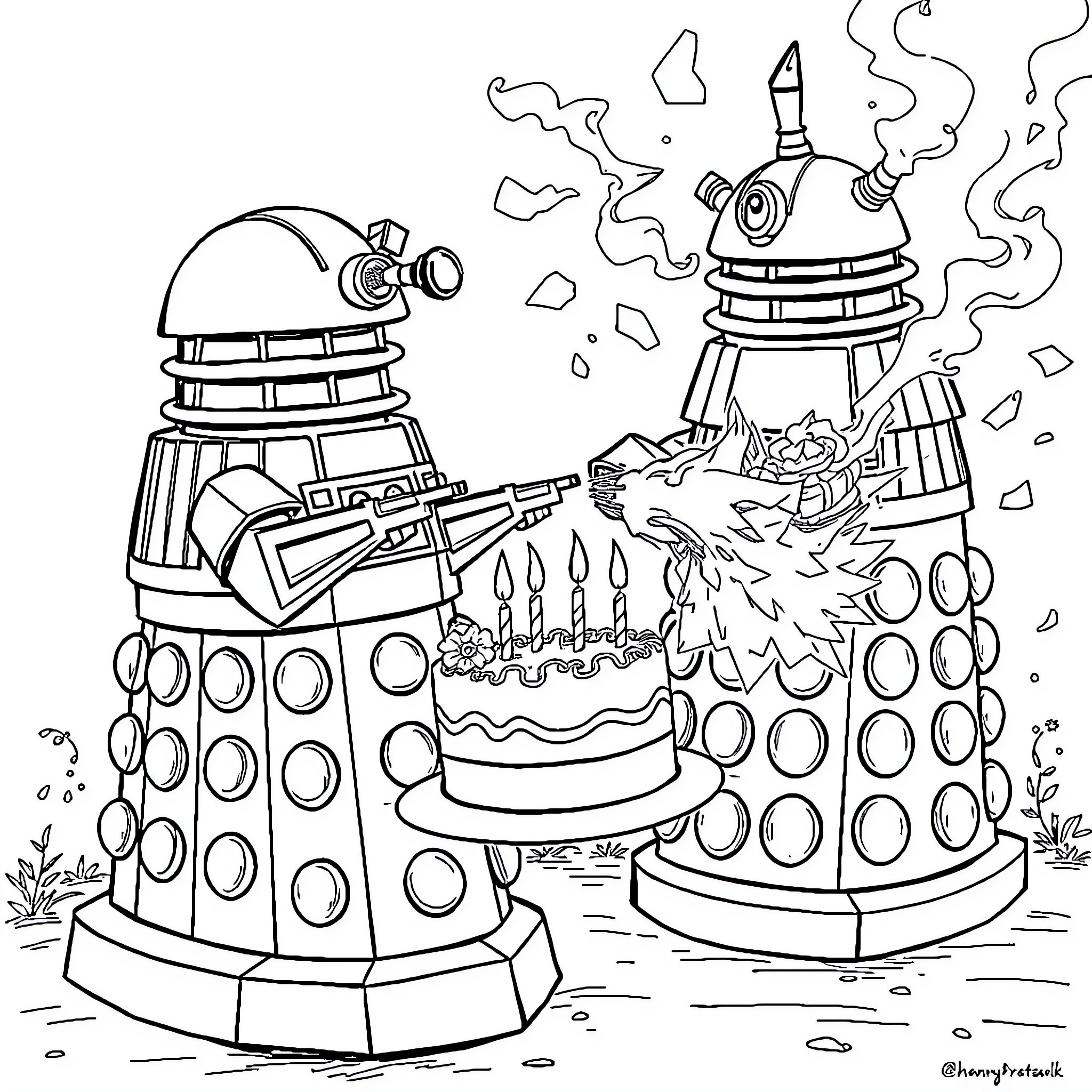 Dalek Birthday Celebration Chaos Coloring Page (free black-and-white line drawing printable PDF for all, from beginners to advanced learners, including children, teens, adults, and seniors)