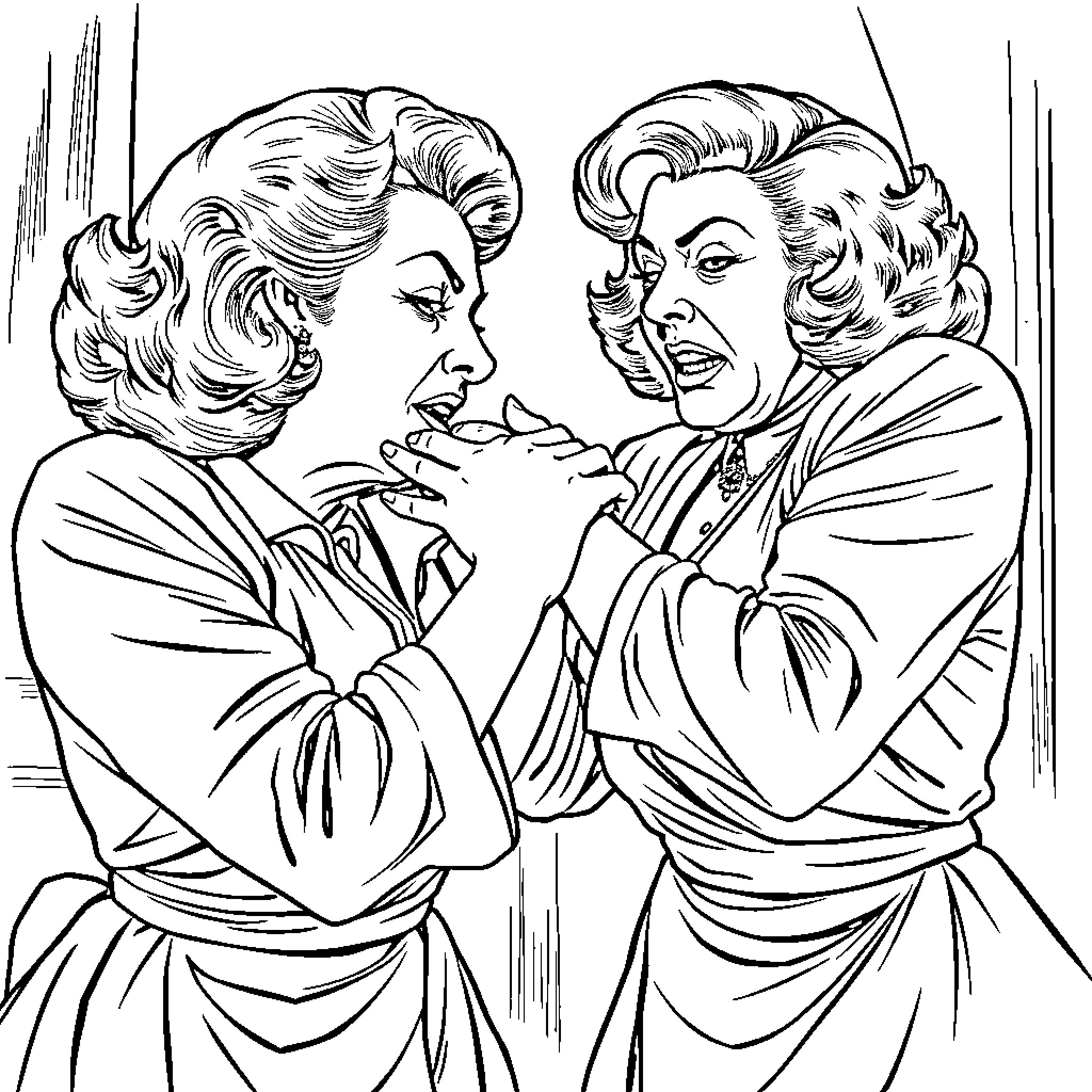 Joan Crawford's dramatic confrontation with a colleague Coloring Page (free black-and-white line drawing printable PDF for all, from beginners to advanced learners, including children, teens, adults, and seniors)