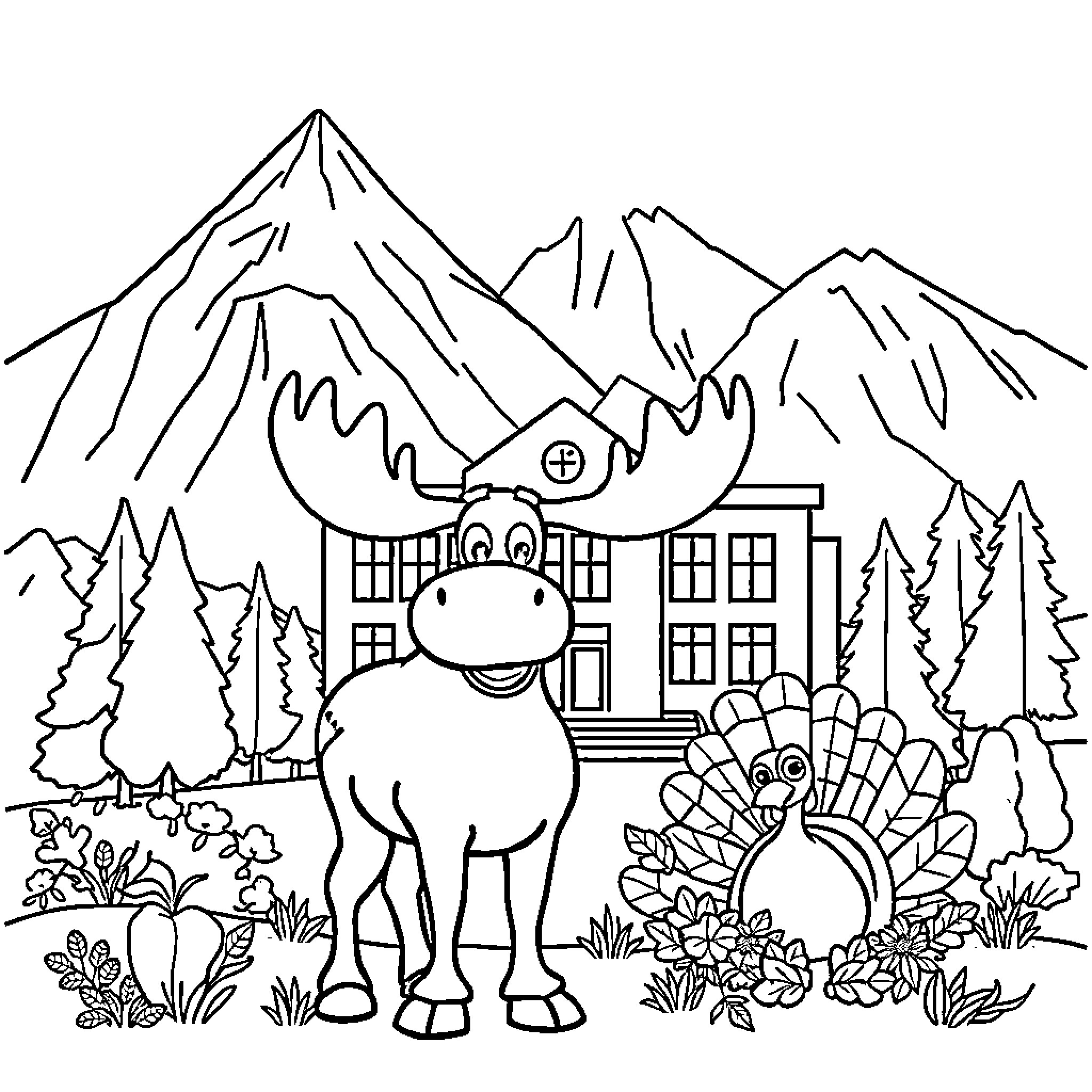 Moose exploring the scenic mountain landscape Coloring Page (free black-and-white line drawing printable PDF for all, from beginners to advanced learners, including children, teens, adults, and seniors)