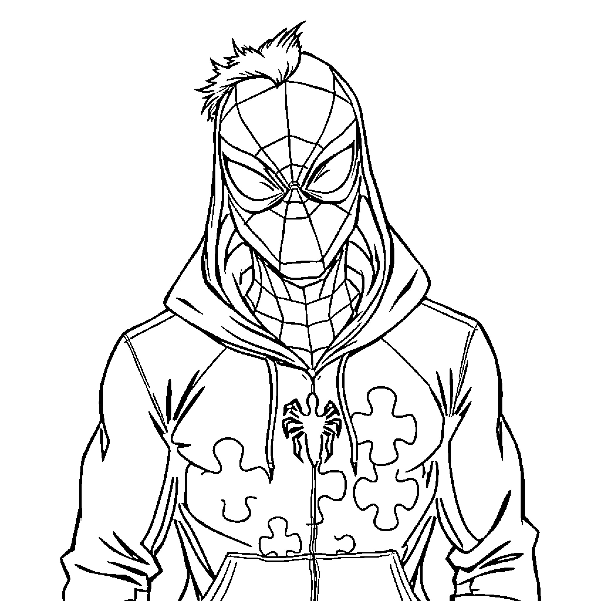 Spider-Man in Hoodie and Mask Outfit Coloring Page (free black-and-white line drawing printable PDF for all, from beginners to advanced learners, including children, teens, adults, and seniors)