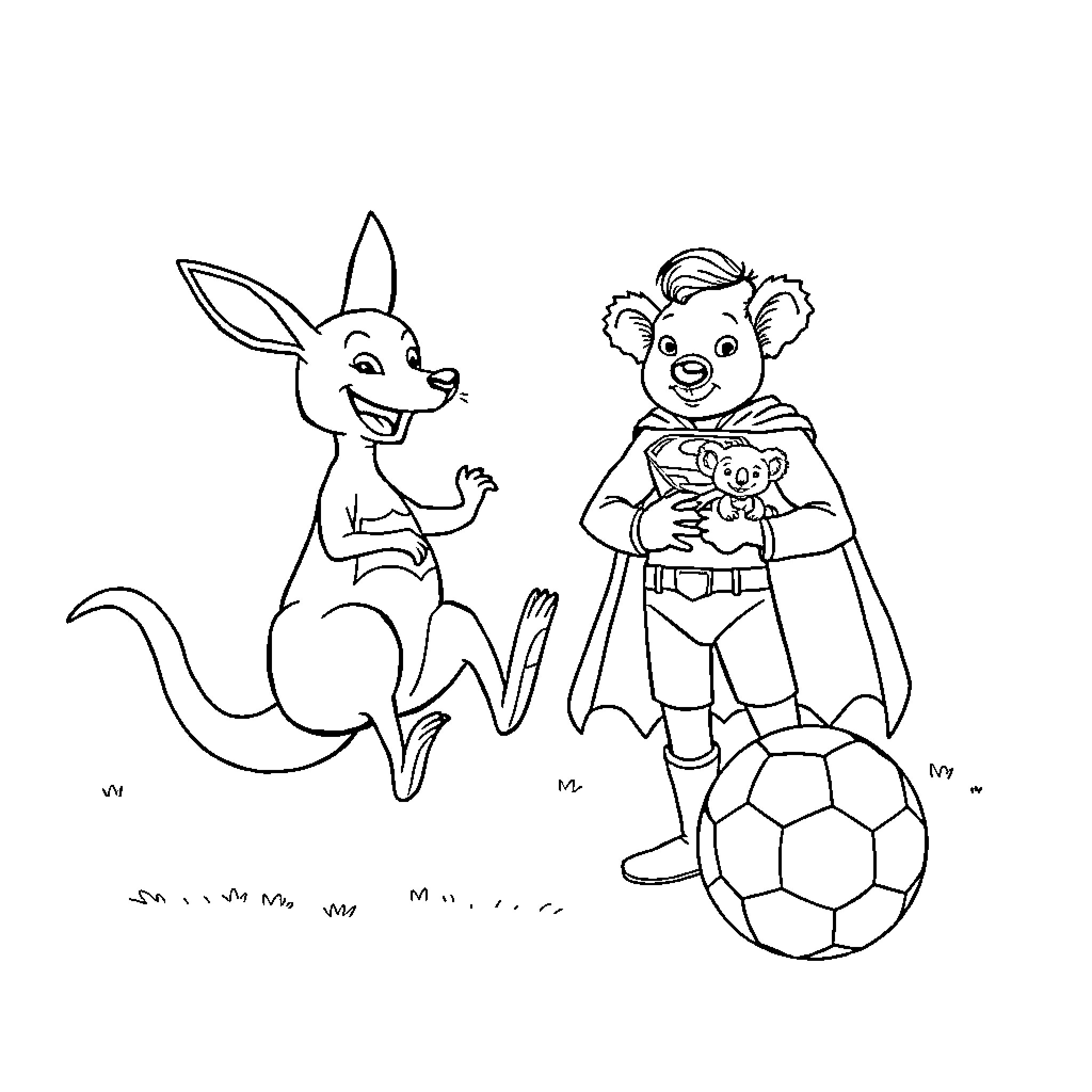 Kangaroo and young soccer player Coloring Page (free black-and-white line drawing printable PDF for all, from beginners to advanced learners, including children, teens, adults, and seniors)