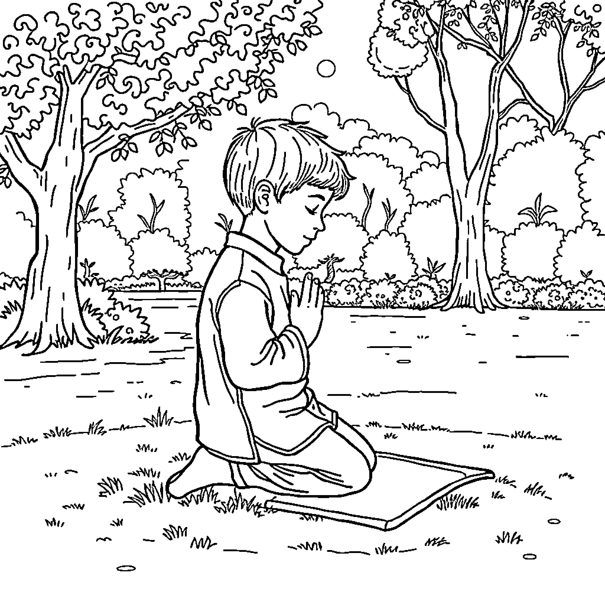 Boy Sitting Alone in a Peaceful Outdoor Scene Coloring Page (free black-and-white line drawing printable PDF for all, from beginners to advanced learners, including children, teens, adults, and seniors)