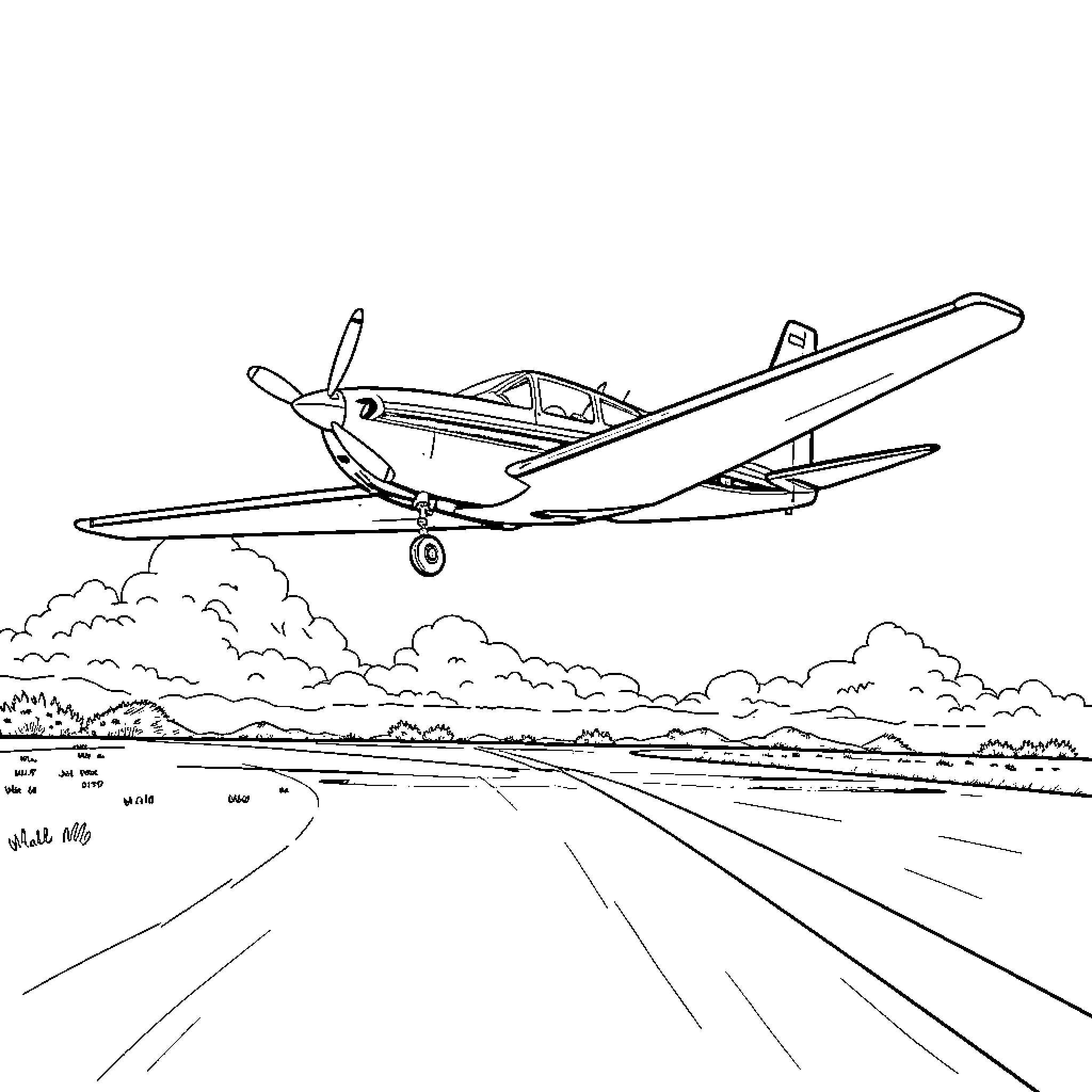 Piper Cherokee flying over a scenic landscape Coloring Page (free black-and-white line drawing printable PDF for all, from beginners to advanced learners, including children, teens, adults, and seniors)