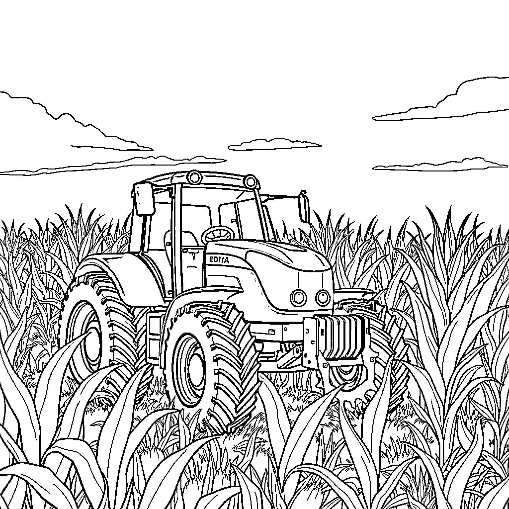 Tractor plowing through the tall crops Coloring Page (free black-and-white line drawing printable PDF for all, from beginners to advanced learners, including children, teens, adults, and seniors)