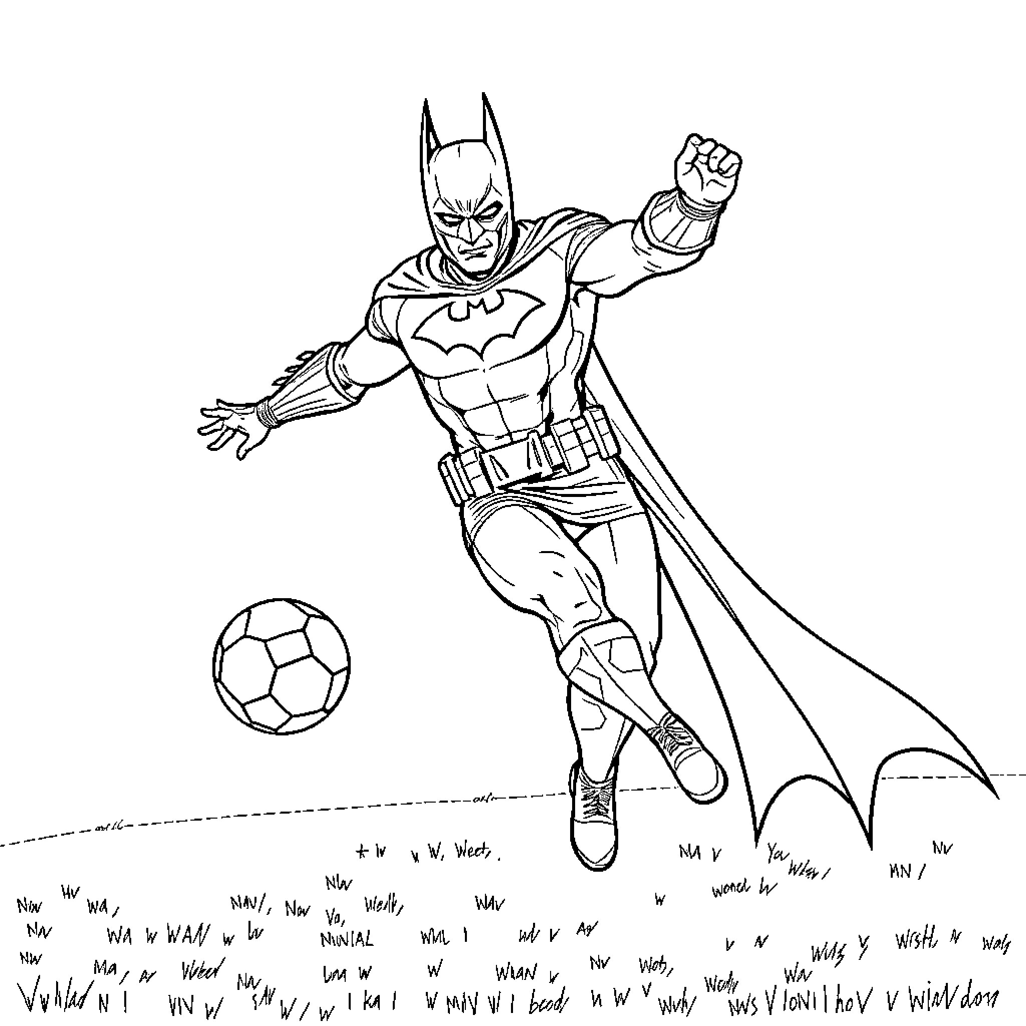 Batman in action, playing with a soccer ball Coloring Page (free black-and-white line drawing printable PDF for all, from beginners to advanced learners, including children, teens, adults, and seniors)