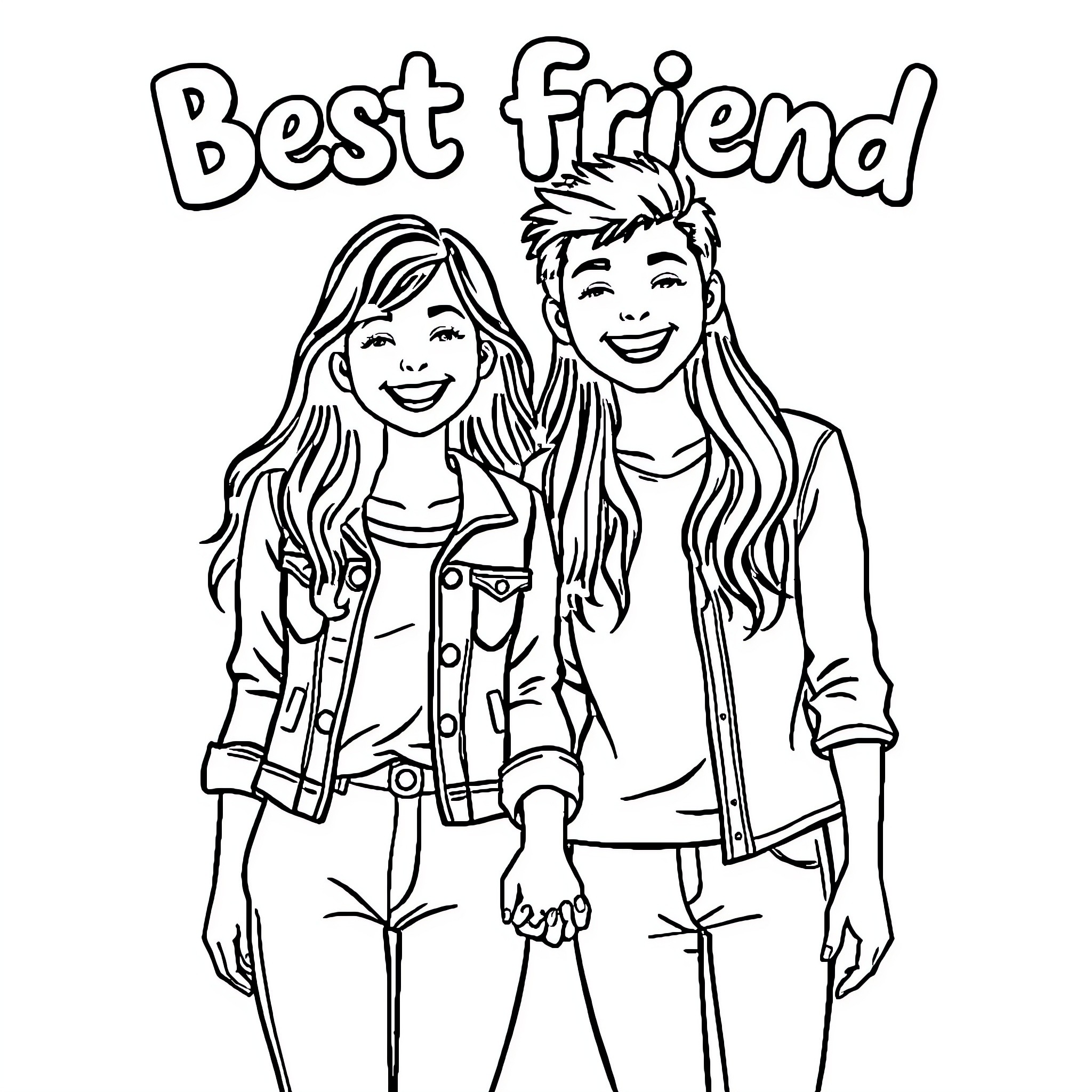Friend smiling and posing together Coloring Page (free black-and-white line drawing printable PDF for all, from beginners to advanced learners, including children, teens, adults, and seniors)