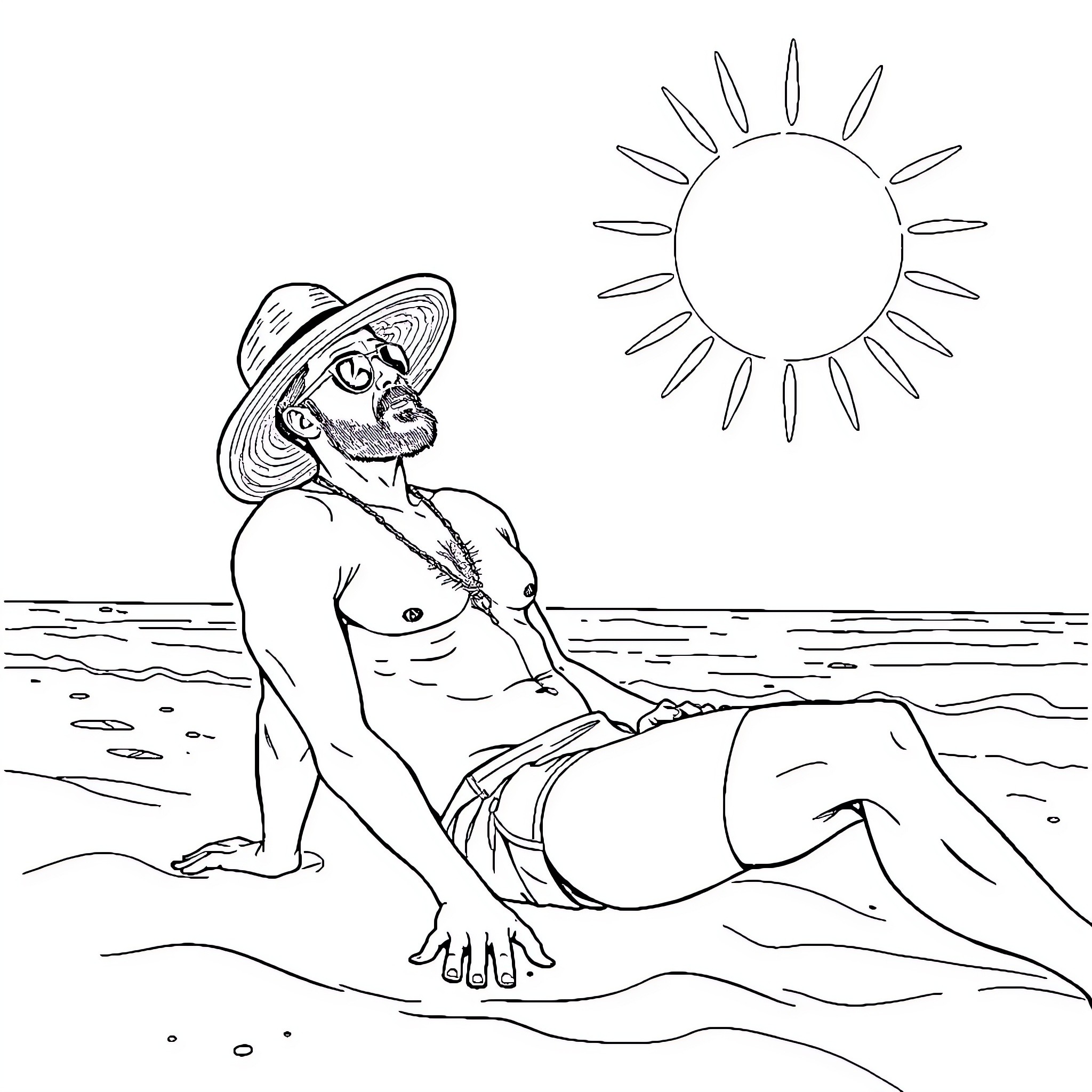 Dude relaxing under the sun by the beach Coloring Page (free black-and-white line drawing printable PDF for all, from beginners to advanced learners, including children, teens, adults, and seniors)