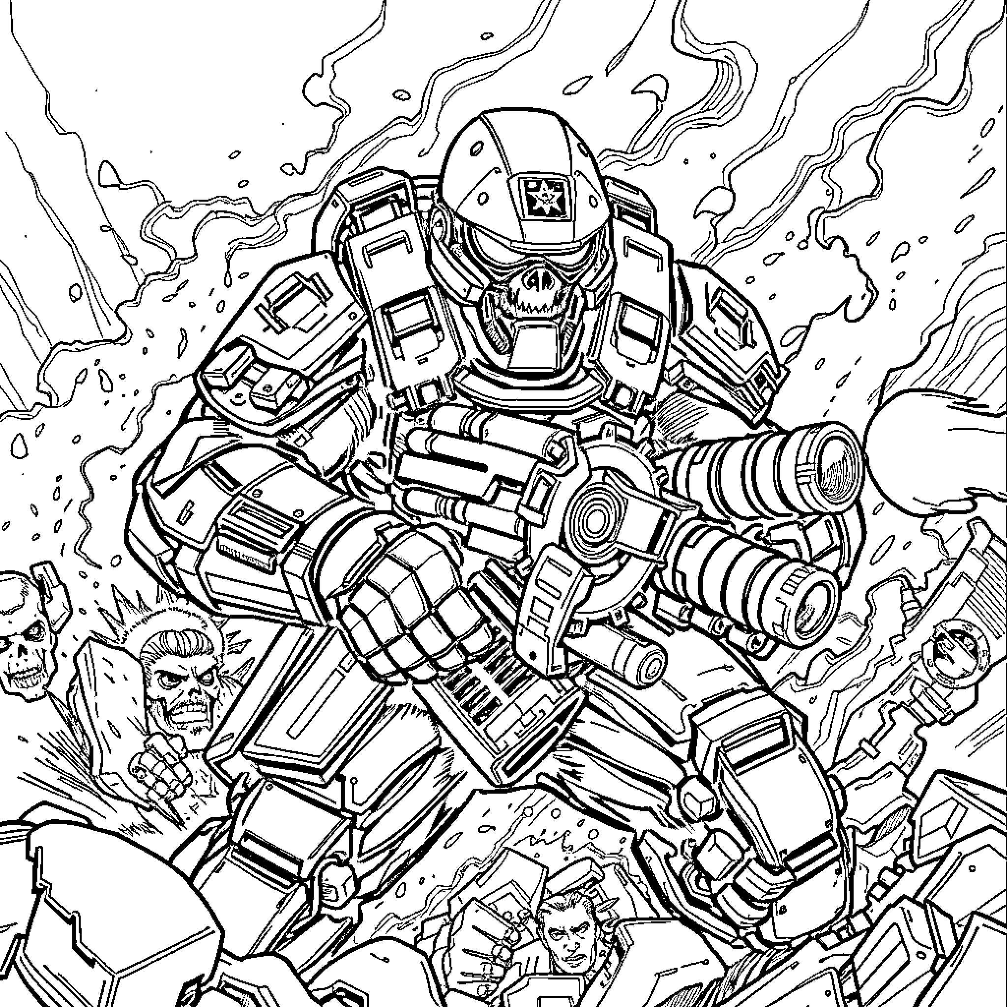 Cog Mech Warrior Battling Fierce Adversaries Coloring Page (free black-and-white line drawing printable PDF for all, from beginners to advanced learners, including children, teens, adults, and seniors)