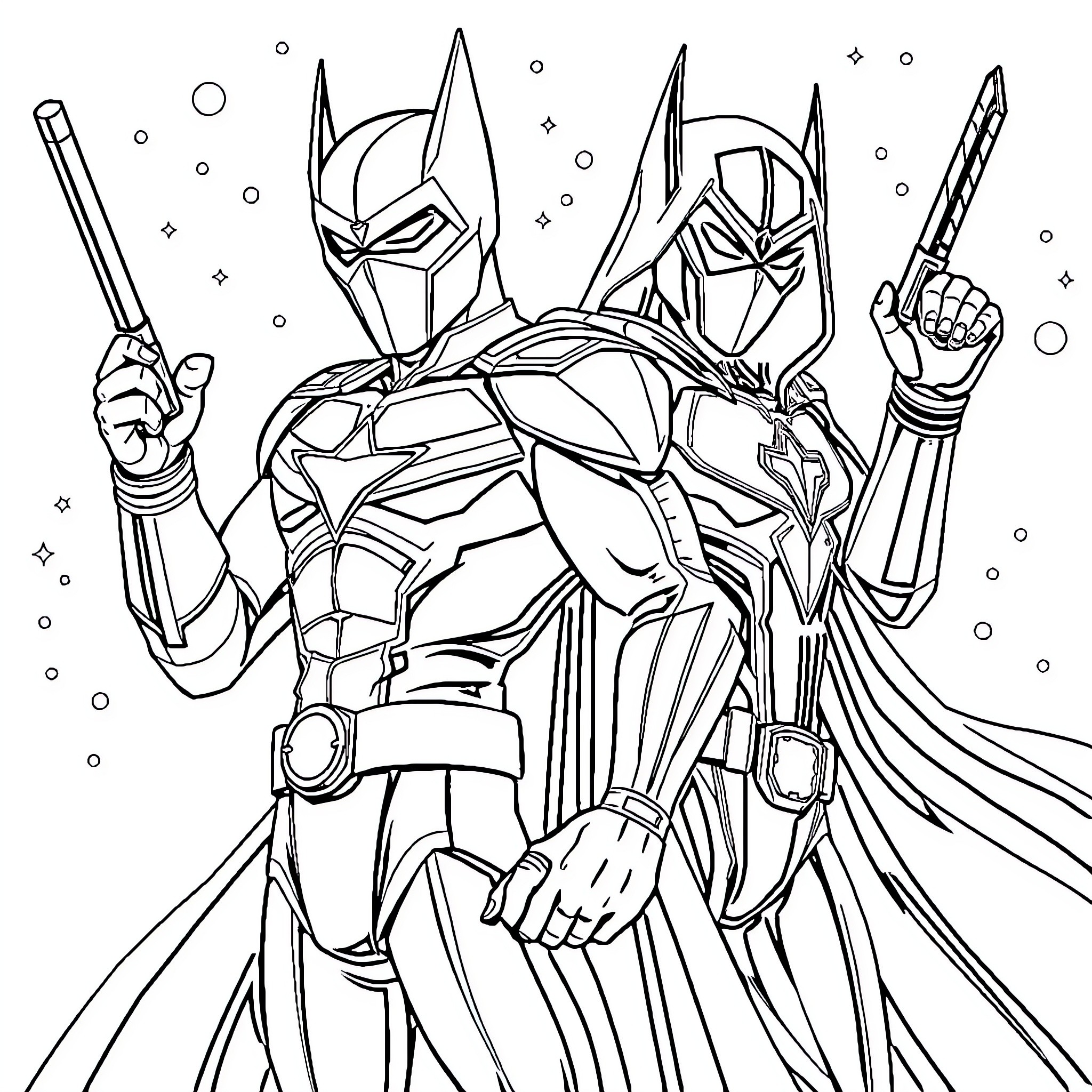 Pentagon warriors in action-packed combat scene Coloring Page (free black-and-white line drawing printable PDF for all, from beginners to advanced learners, including children, teens, adults, and seniors)