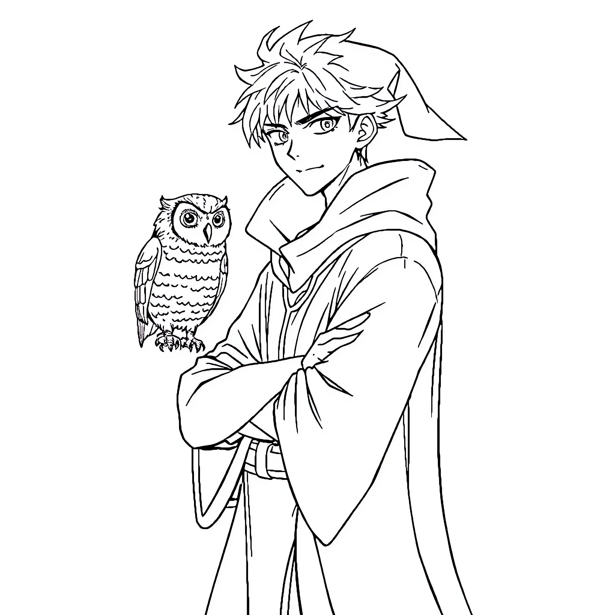 Wizard with an Owl Companion Coloring Page (free black-and-white line drawing printable PDF for all, from beginners to advanced learners, including children, teens, adults, and seniors)