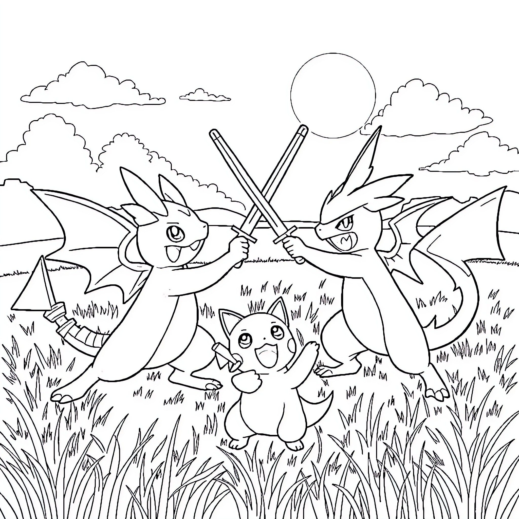 Pokémon characters in a playful outdoor scene Coloring Page (free black-and-white line drawing printable PDF for all, from beginners to advanced learners, including children, teens, adults, and seniors)