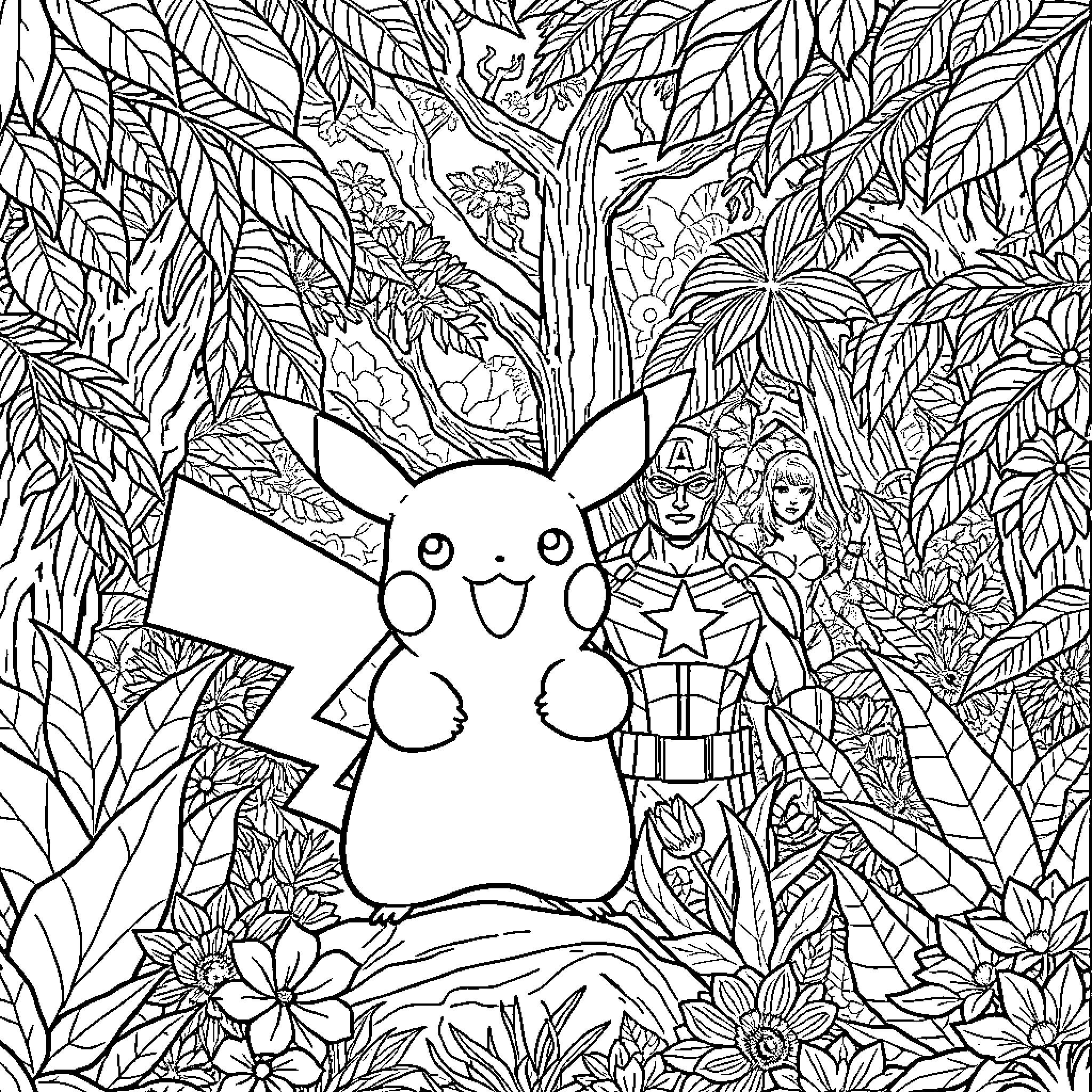 Pikachu in the Lush Jungle with Companions Coloring Page (free black-and-white line drawing printable PDF for all, from beginners to advanced learners, including children, teens, adults, and seniors)