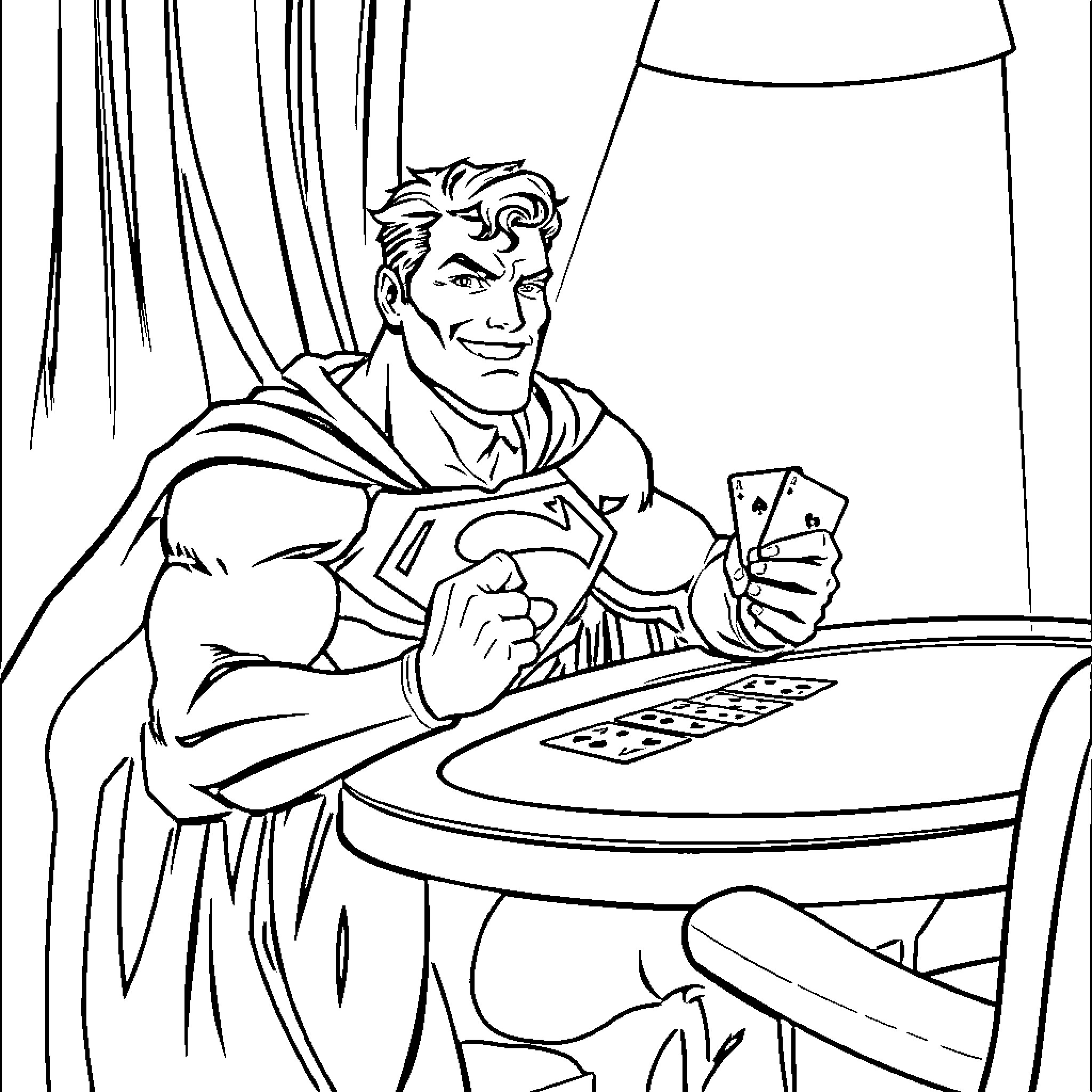 Superman playing cards in his secret hideout Coloring Page (free black-and-white line drawing printable PDF for all, from beginners to advanced learners, including children, teens, adults, and seniors)