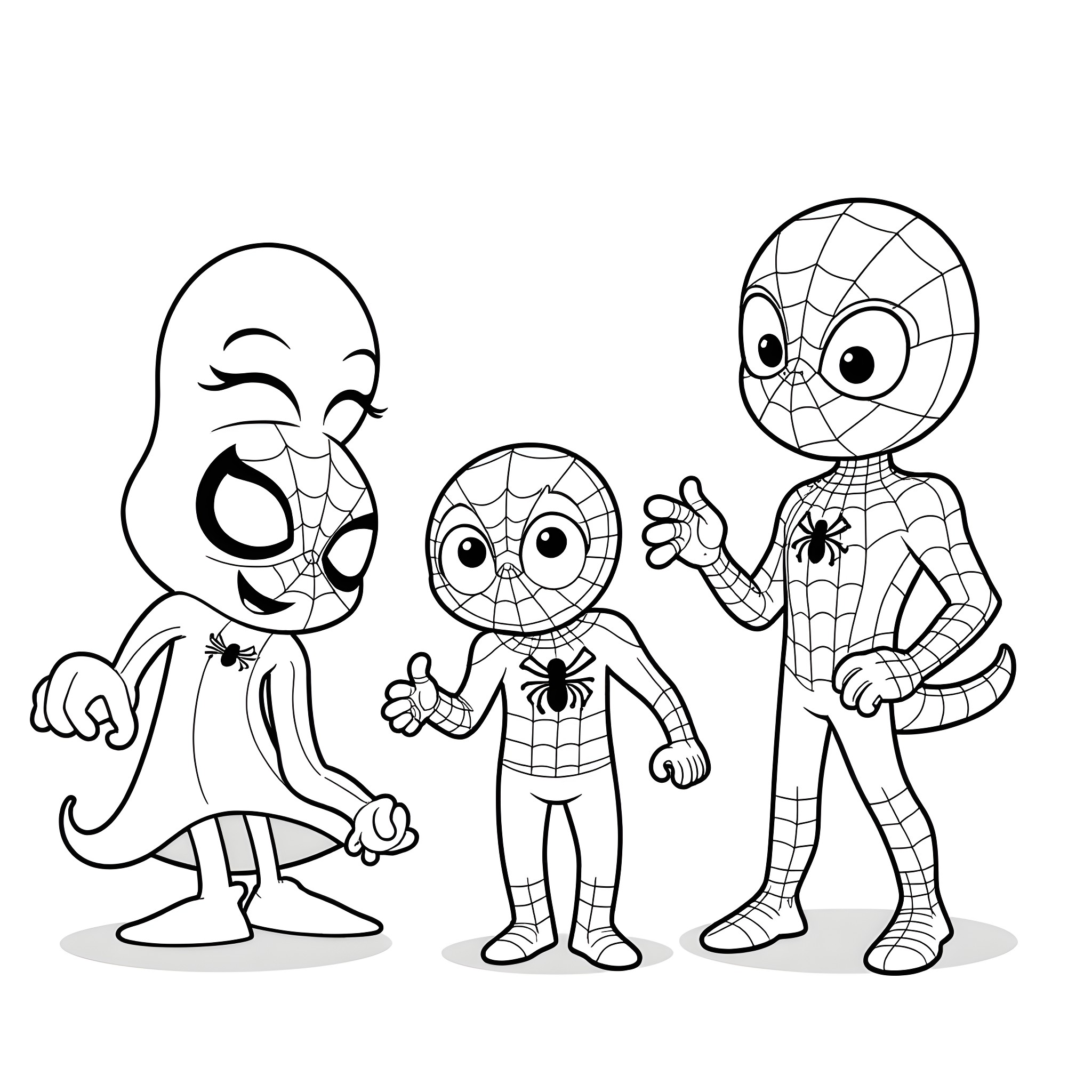Bluey characters in spider-inspired outfits Coloring Page (free black-and-white line drawing printable PDF for all, from beginners to advanced learners, including children, teens, adults, and seniors)