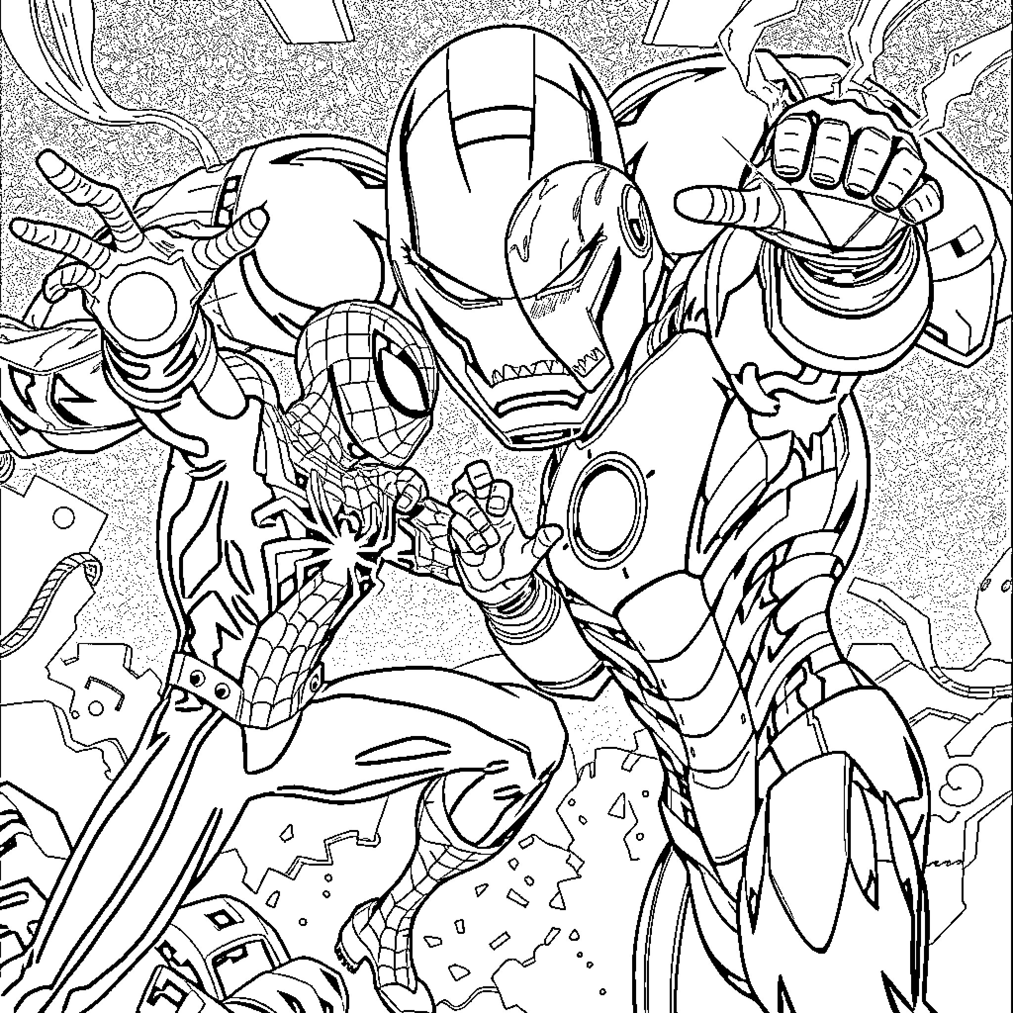Spiderman and Iron Man in an intense battle Coloring Page (free black-and-white line drawing printable PDF for all, from beginners to advanced learners, including children, teens, adults, and seniors)