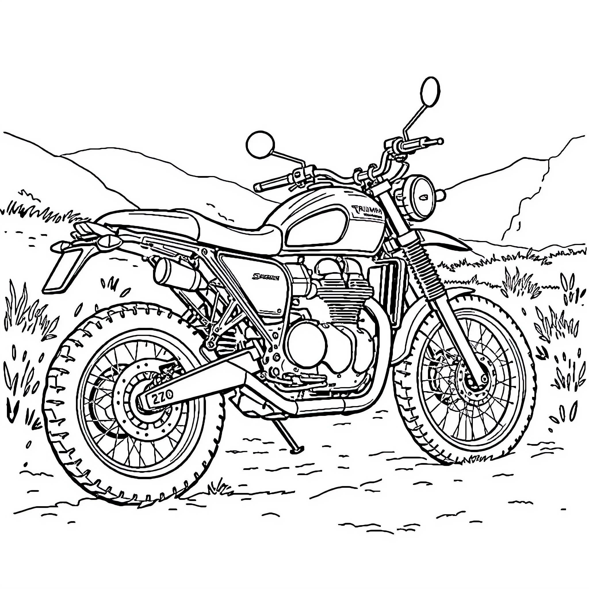 Triumph Scrambler off-road adventure Coloring Page (free black-and-white line drawing printable PDF for all, from beginners to advanced learners, including children, teens, adults, and seniors)