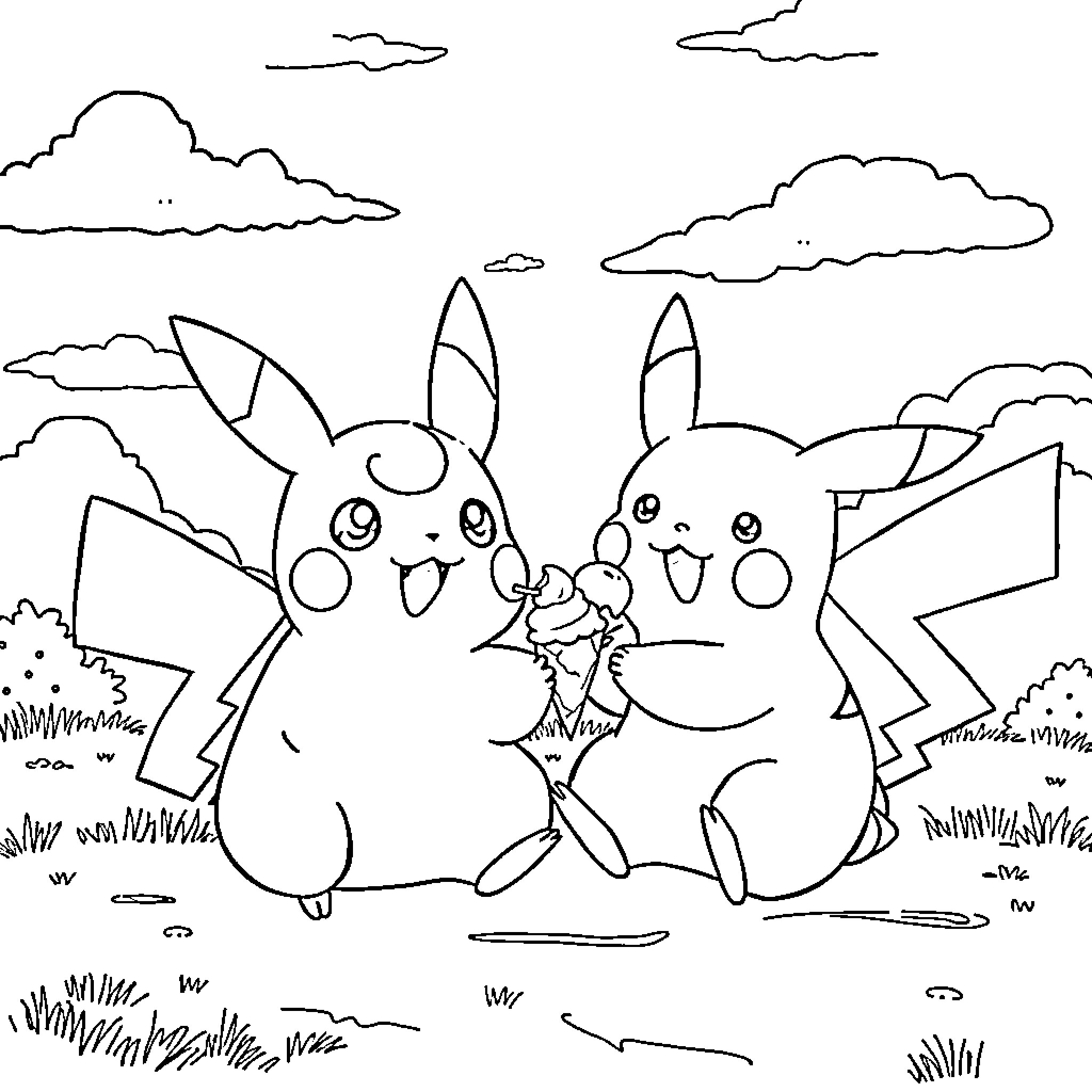 Ponpon Purin enjoying playful adventures with friends Coloring Page (free black-and-white line drawing printable PDF for all, from beginners to advanced learners, including children, teens, adults, and seniors)