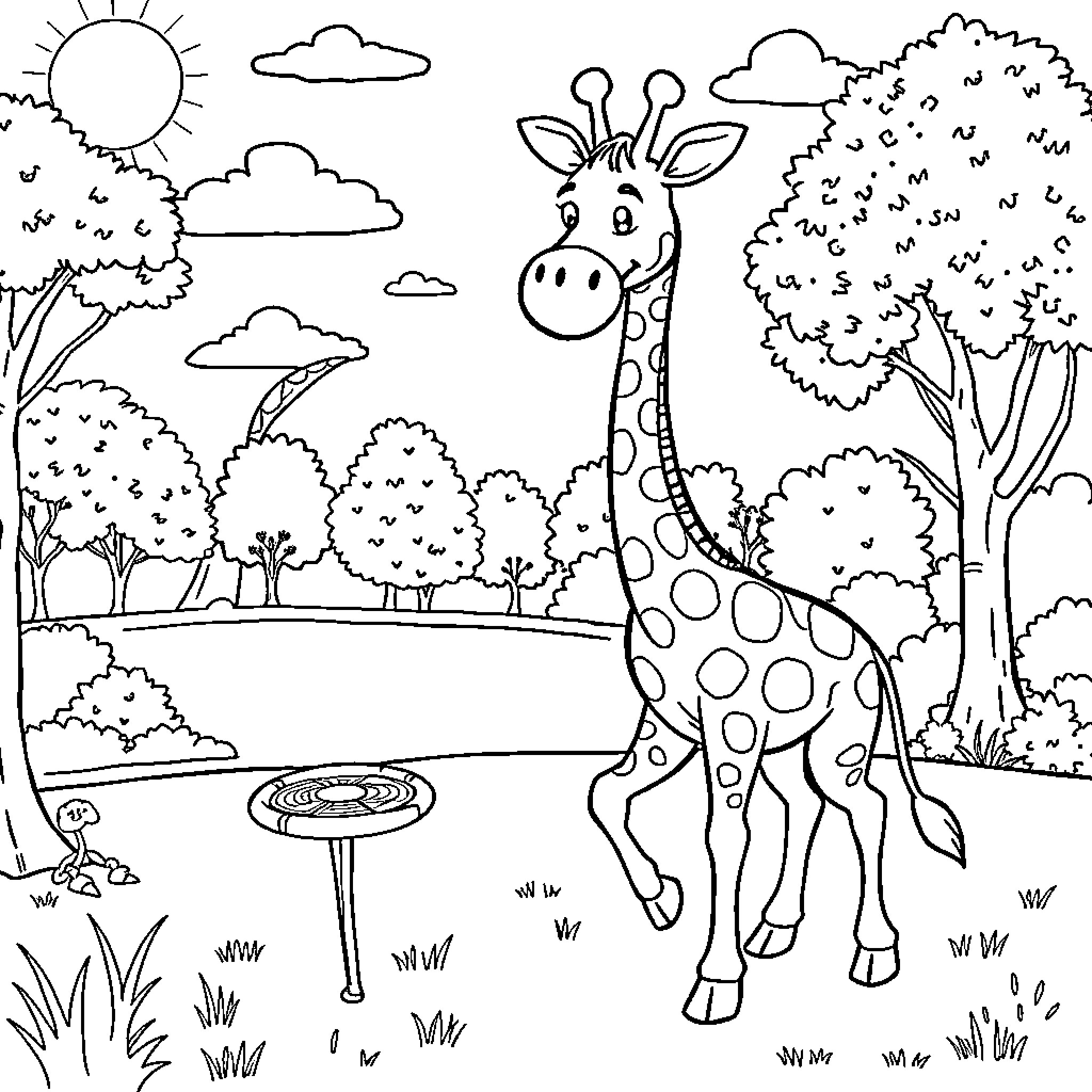 Giraffe enjoying a sunny day in the zoo Coloring Page (free black-and-white line drawing printable PDF for all, from beginners to advanced learners, including children, teens, adults, and seniors)