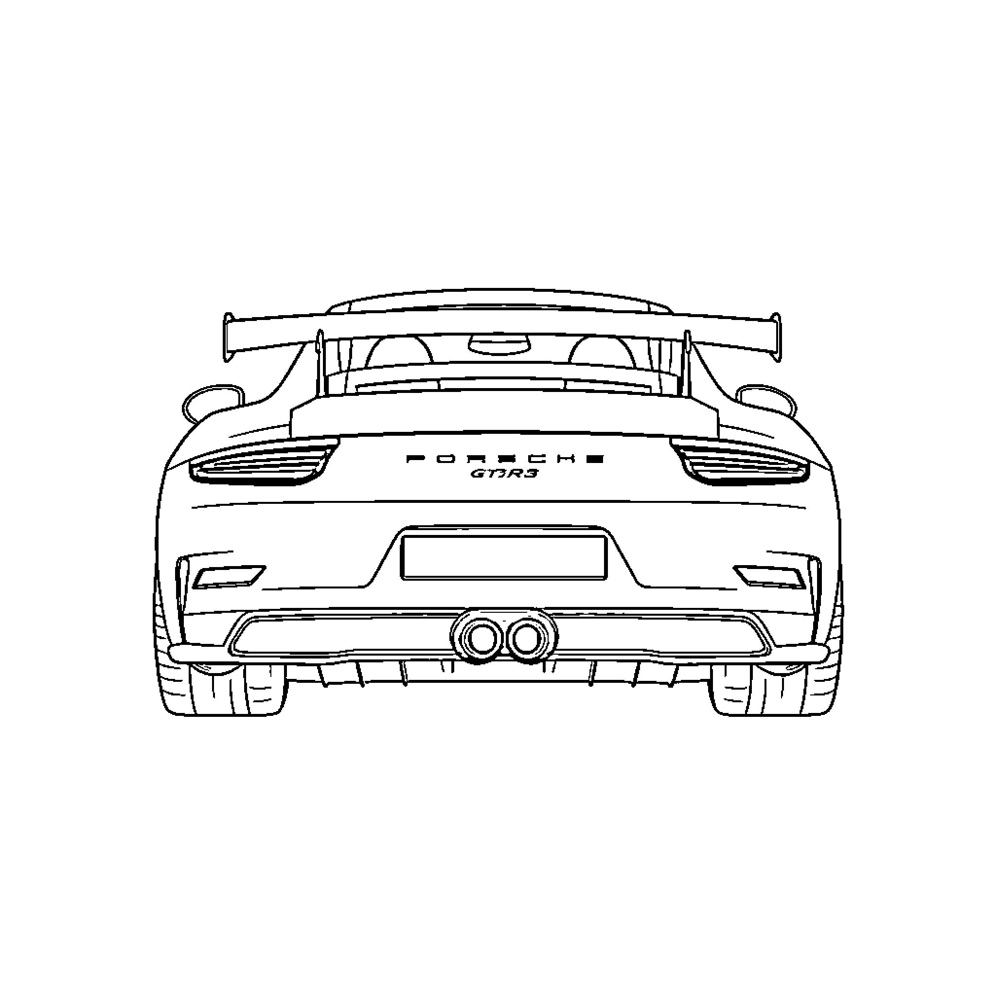 Porsche GT3 sports car rear view Coloring Page (free black-and-white line drawing printable PDF for all, from beginners to advanced learners, including children, teens, adults, and seniors)