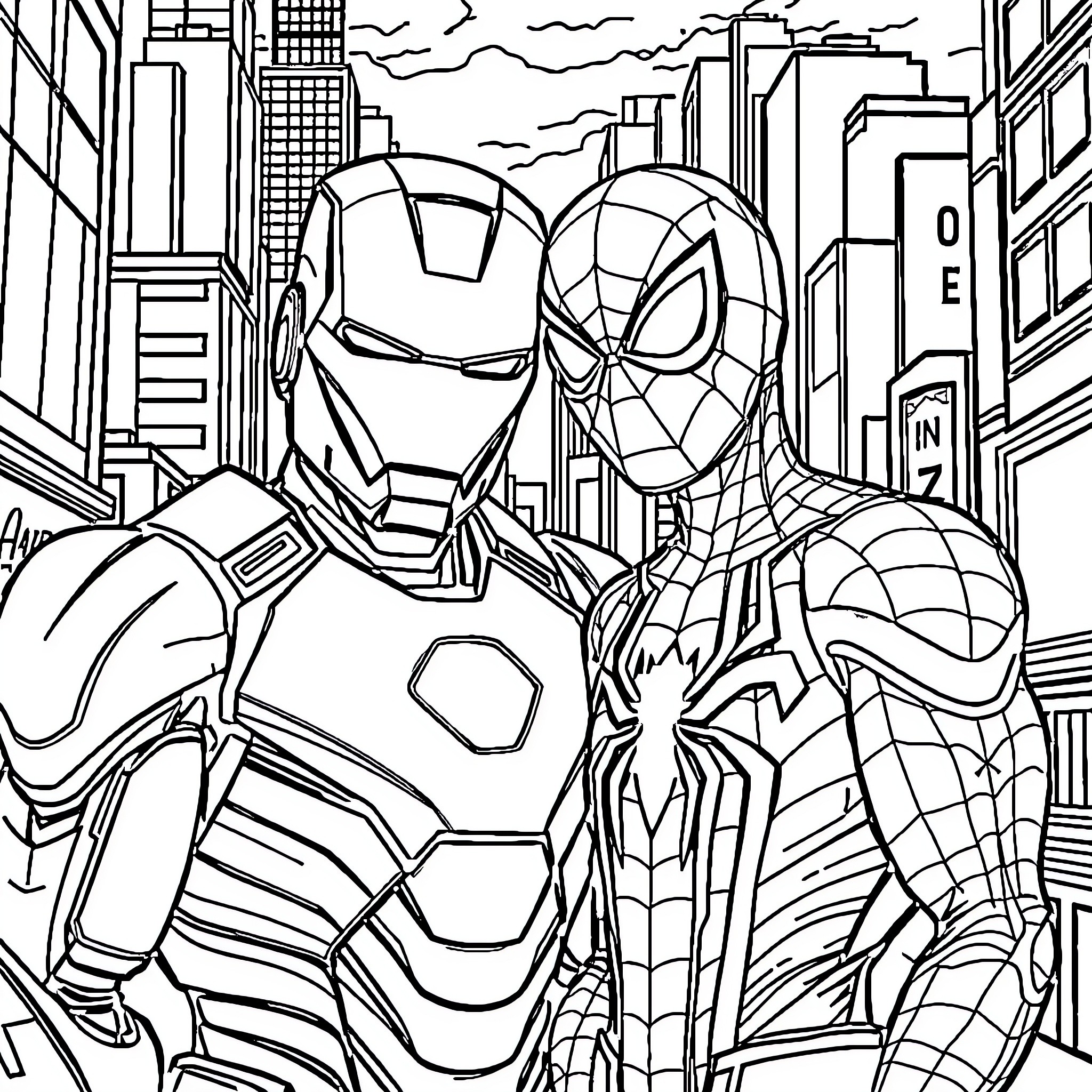 Iron Man and Spider-Man in a Cityscape Coloring Page (free black-and-white line drawing printable PDF for all, from beginners to advanced learners, including children, teens, adults, and seniors)