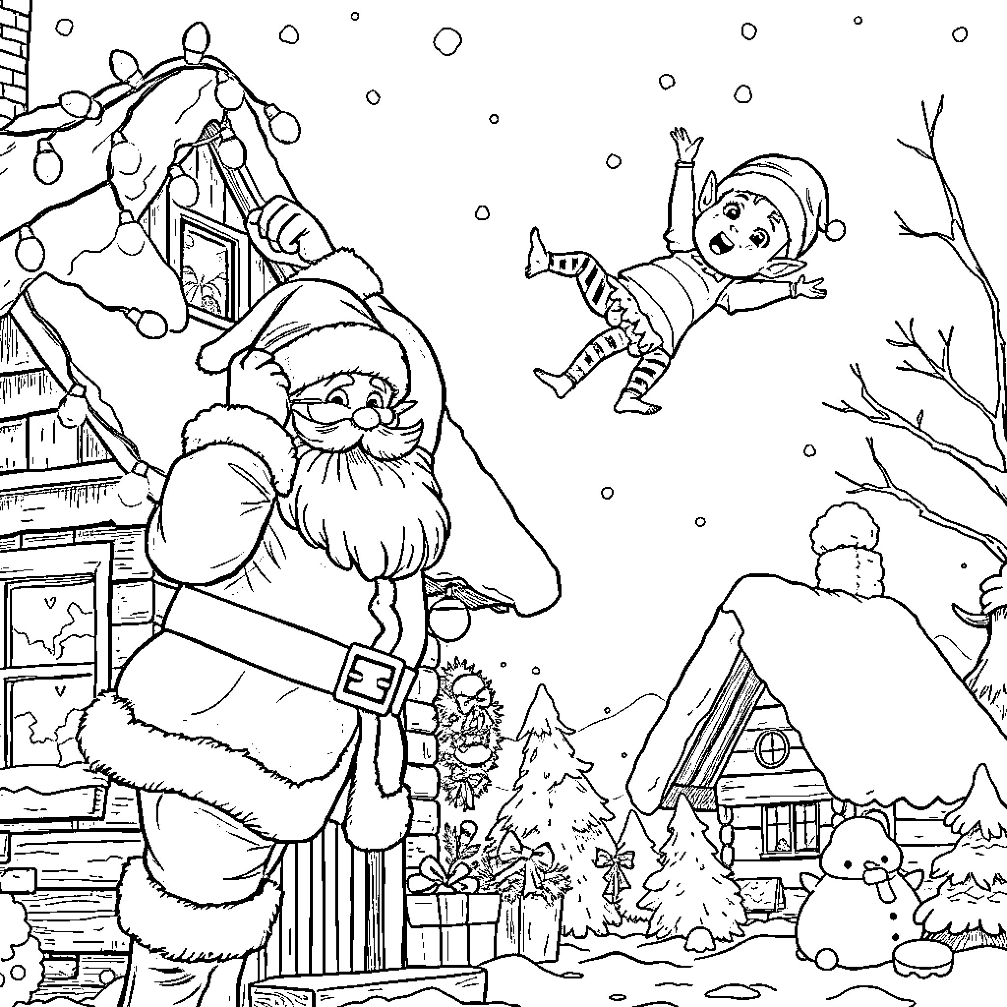 Santa Claus delivering gifts in a snowy winter scene Coloring Page (free black-and-white line drawing printable PDF for all, from beginners to advanced learners, including children, teens, adults, and seniors)