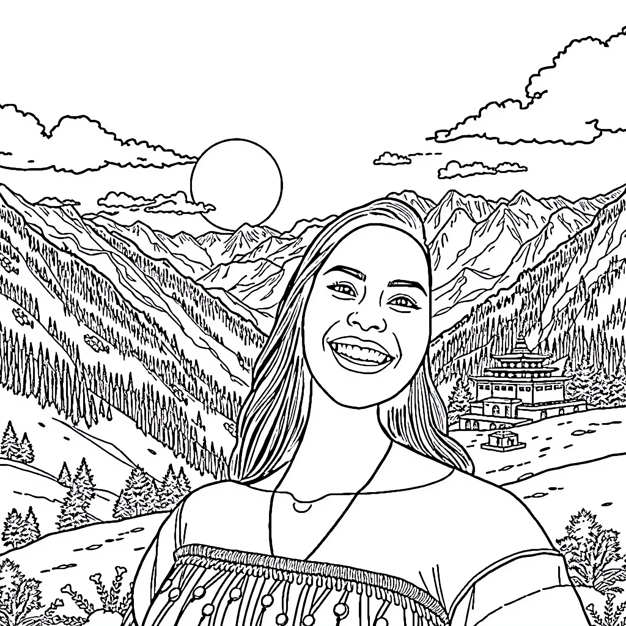 Sunny Leone Smiling Amidst Mountainous Landscape Coloring Page (free black-and-white line drawing printable PDF for all, from beginners to advanced learners, including children, teens, adults, and seniors)