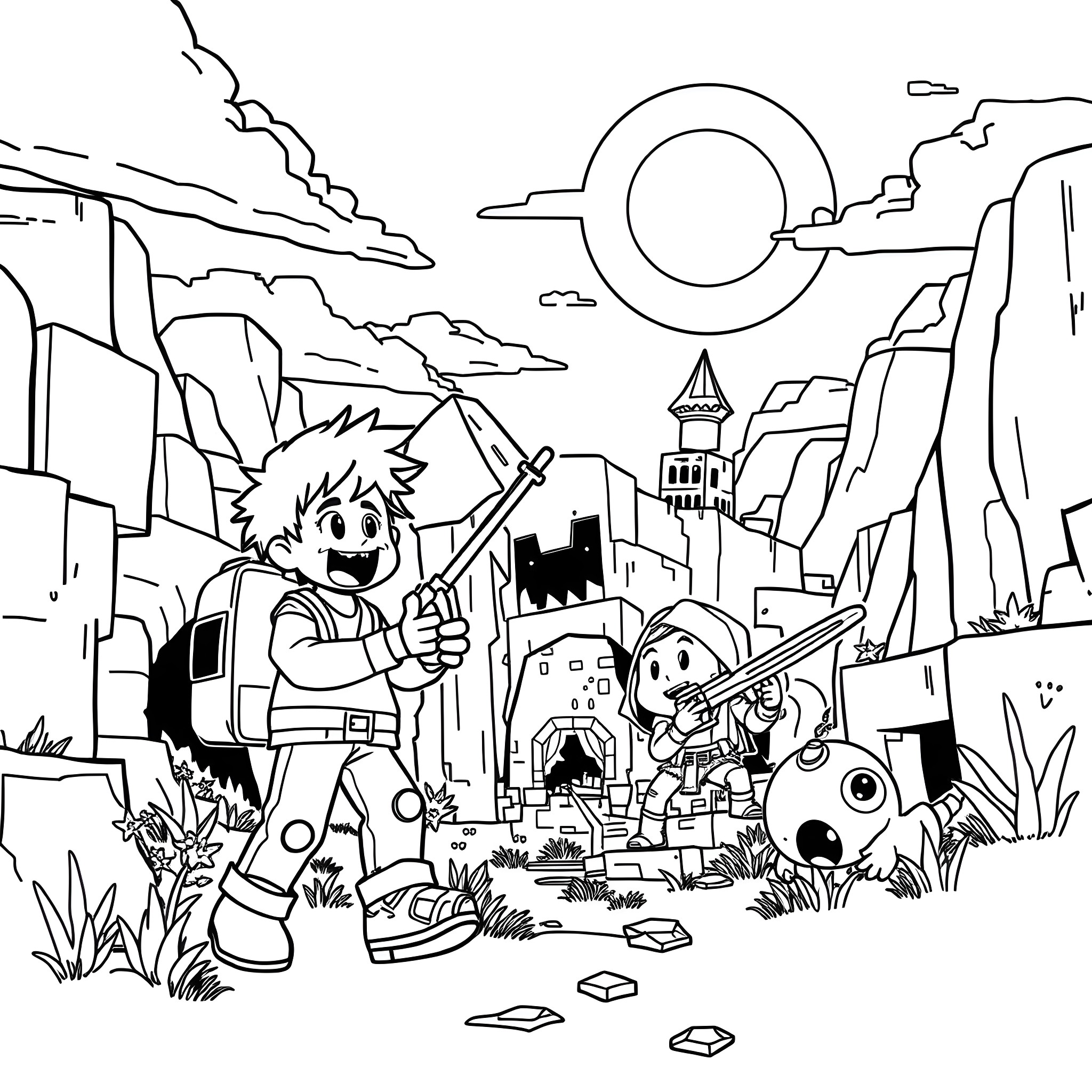 Mikey's Adventure in the Fantastical Landscape Coloring Page (free black-and-white line drawing printable PDF for all, from beginners to advanced learners, including children, teens, adults, and seniors)