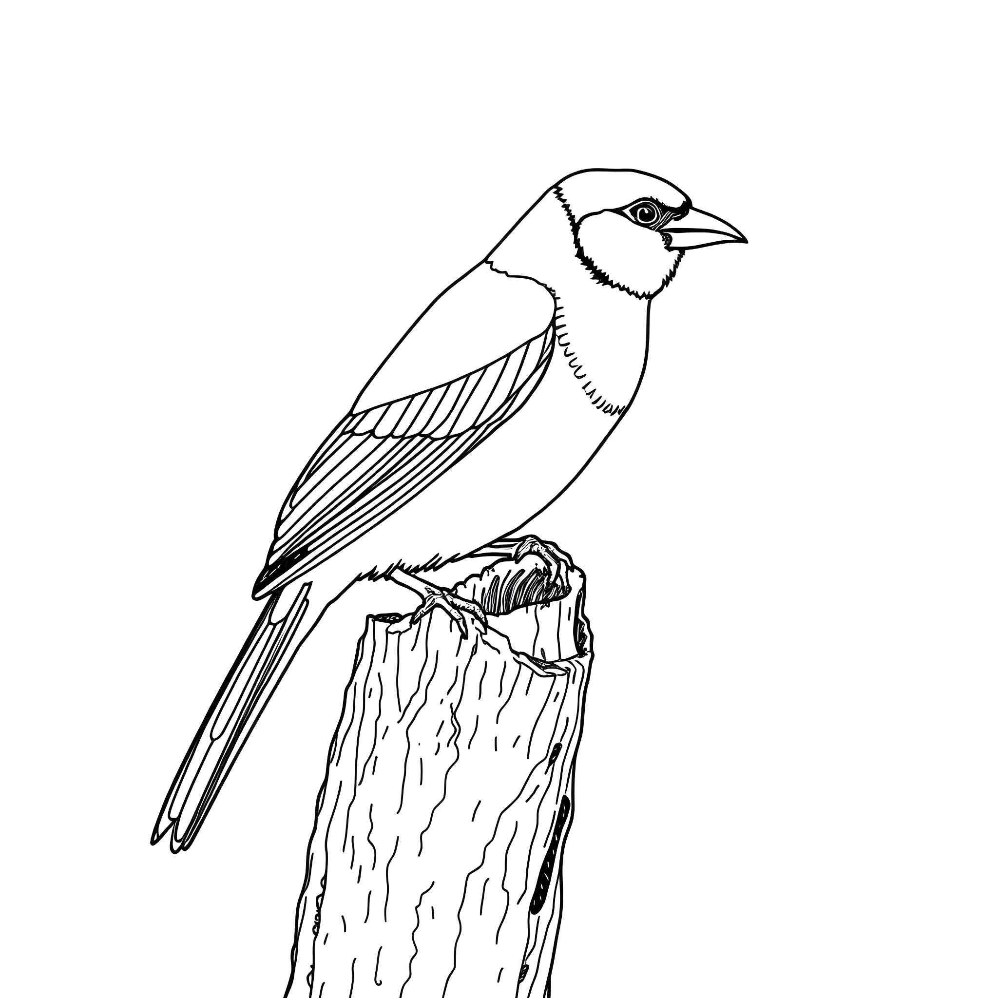 Gouldian Finch perched on a wooden stump Coloring Page (free black-and-white line drawing printable PDF for all, from beginners to advanced learners, including children, teens, adults, and seniors)