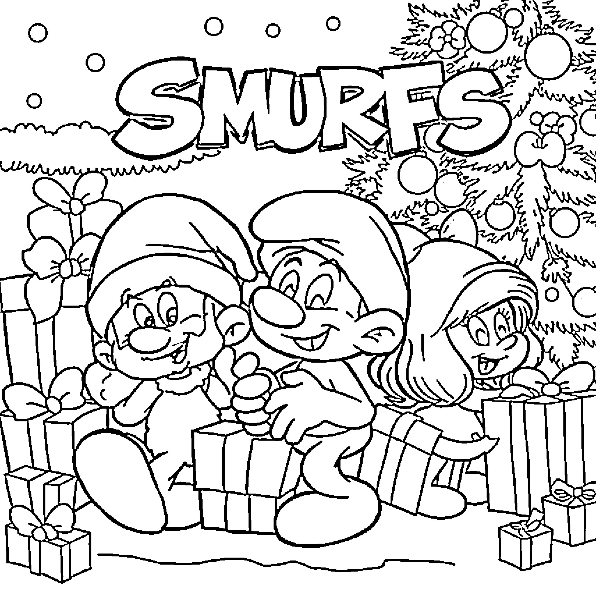 Smurfs joyfully celebrating with gifts and flowers Coloring Page (free black-and-white line drawing printable PDF for all, from beginners to advanced learners, including children, teens, adults, and seniors)