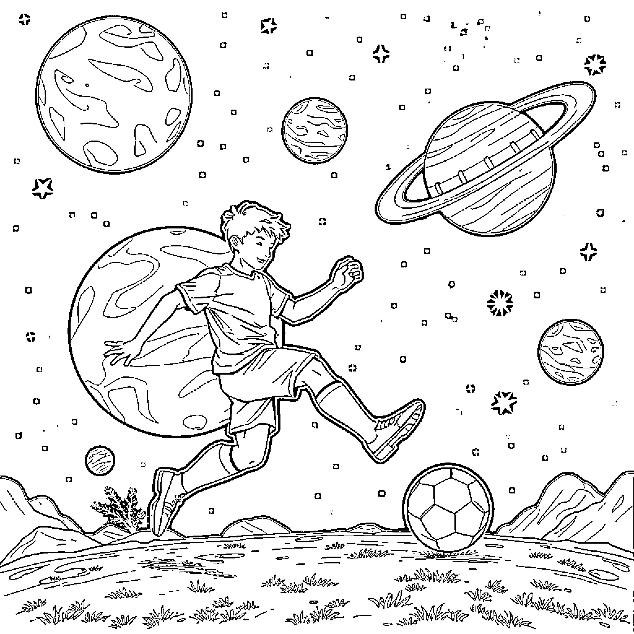Football player kicking ball among planets and stars Coloring Page (free black-and-white line drawing printable PDF for all, from beginners to advanced learners, including children, teens, adults, and seniors)