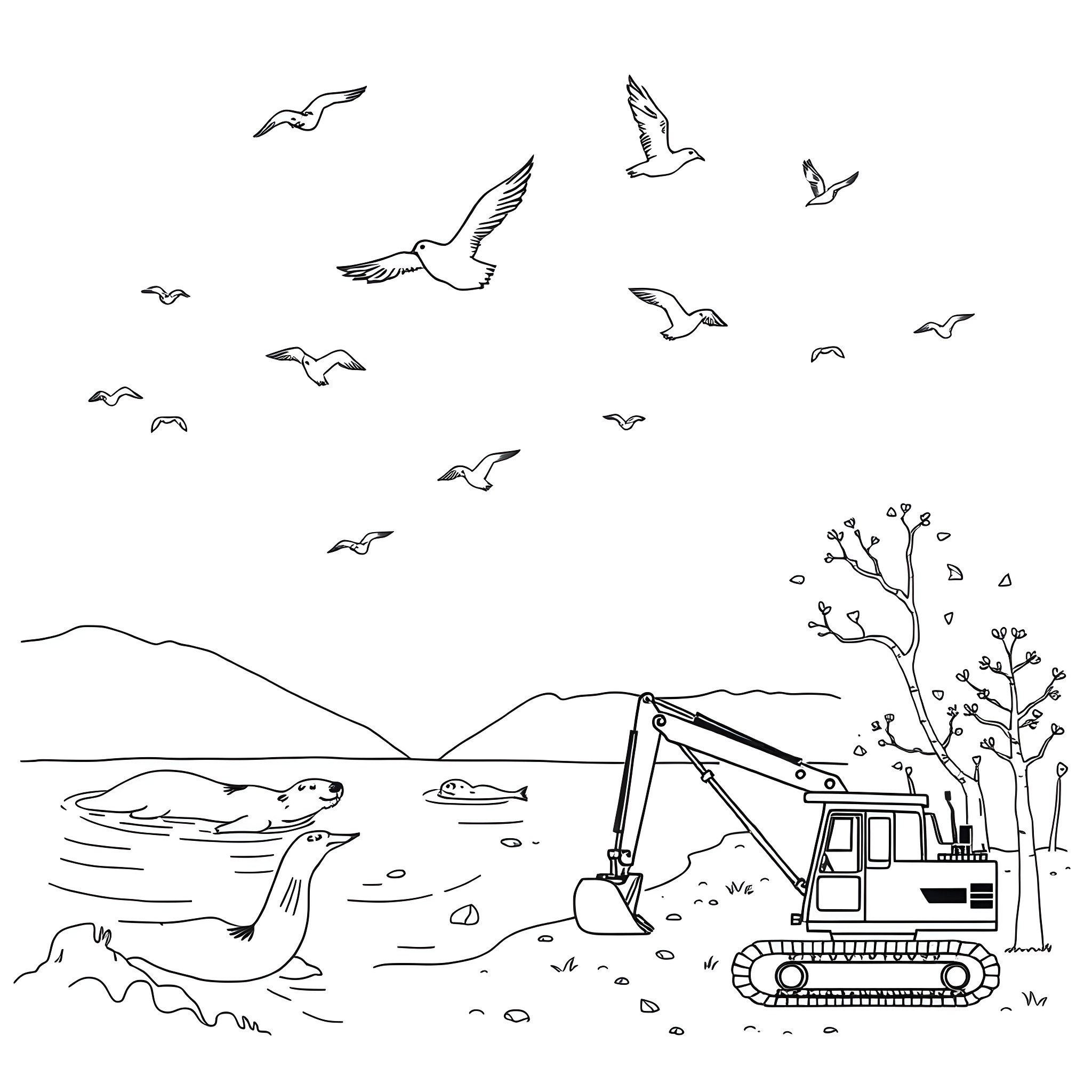 Birds soaring over a construction site by the lake Coloring Page (free black-and-white line drawing printable PDF for all, from beginners to advanced learners, including children, teens, adults, and seniors)