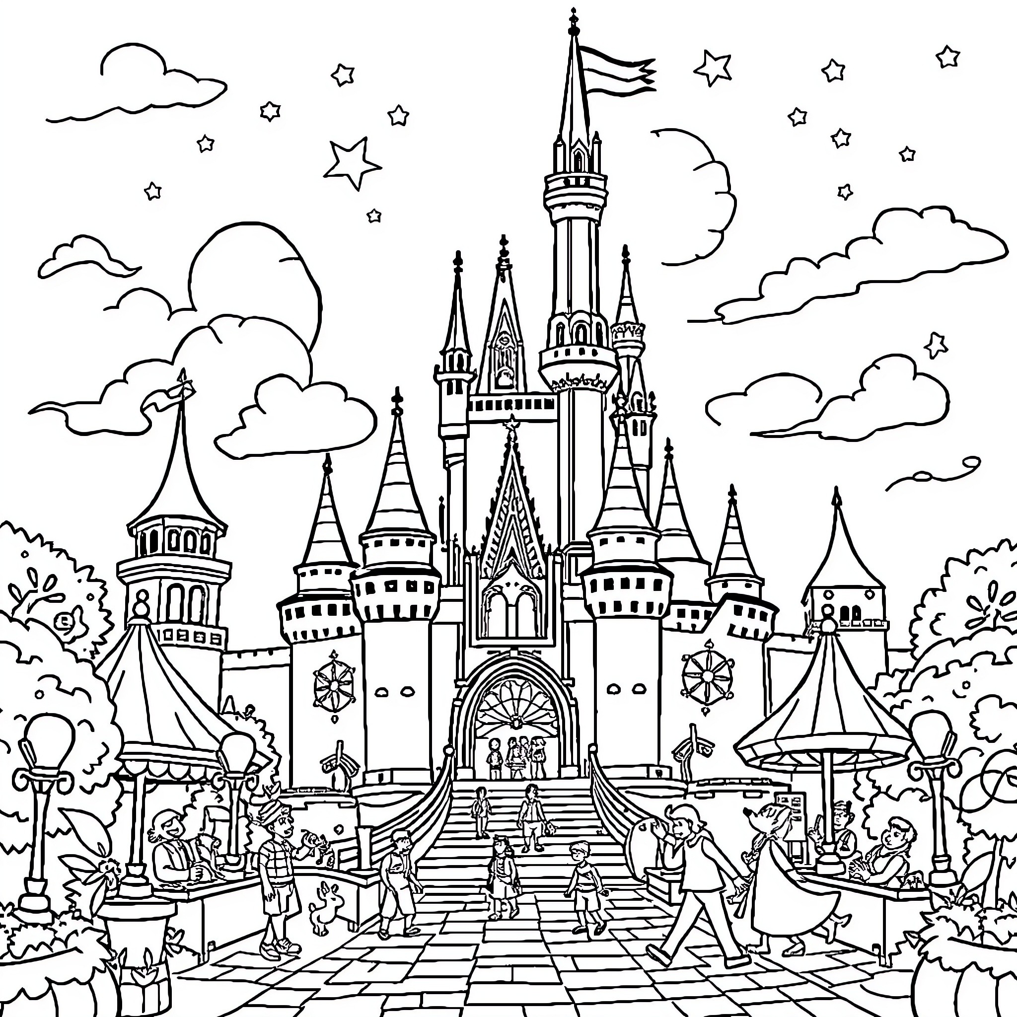 Disney Castle with Magical Scenes and Decorations Coloring Page (free black-and-white line drawing printable PDF for all, from beginners to advanced learners, including children, teens, adults, and seniors)