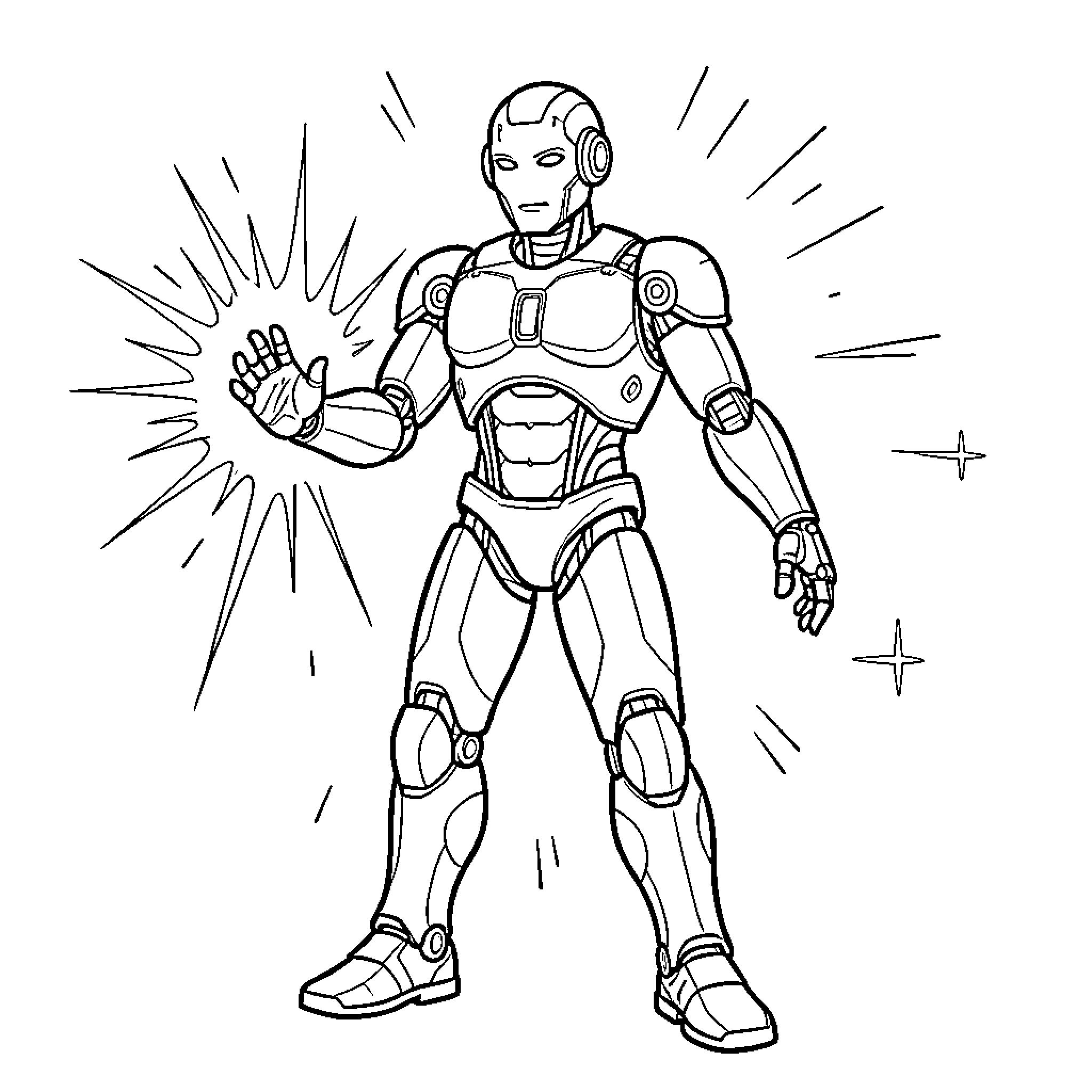 Android posing heroically with outstretched hand Coloring Page (free black-and-white line drawing printable PDF for all, from beginners to advanced learners, including children, teens, adults, and seniors)
