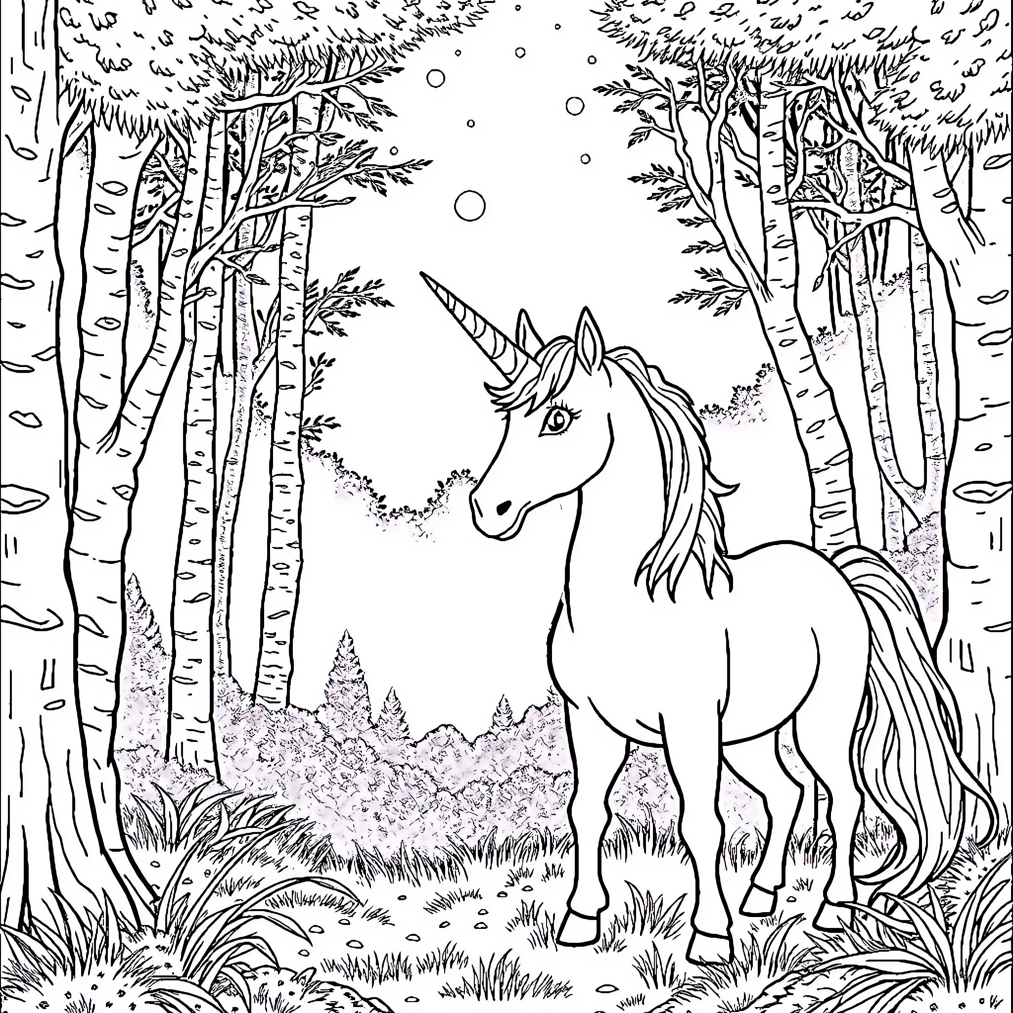 Unicorn wandering peacefully through enchanted forest Coloring Page (free black-and-white line drawing printable PDF for all, from beginners to advanced learners, including children, teens, adults, and seniors)