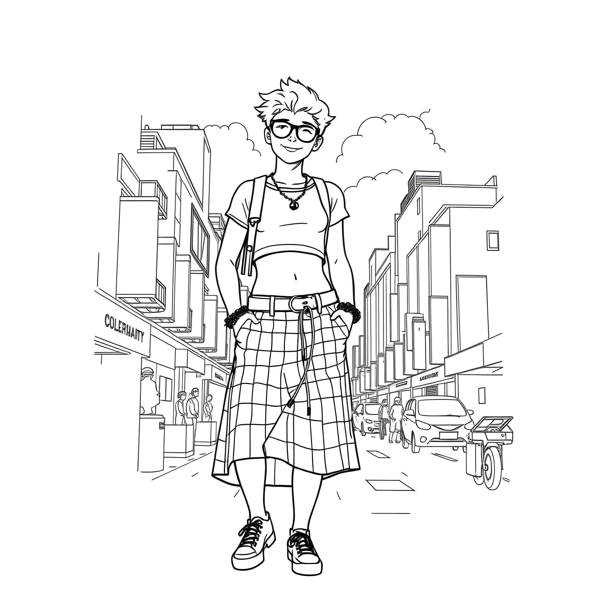Twink exploring the city streets Coloring Page (free black-and-white line drawing printable PDF for all, from beginners to advanced learners, including children, teens, adults, and seniors)