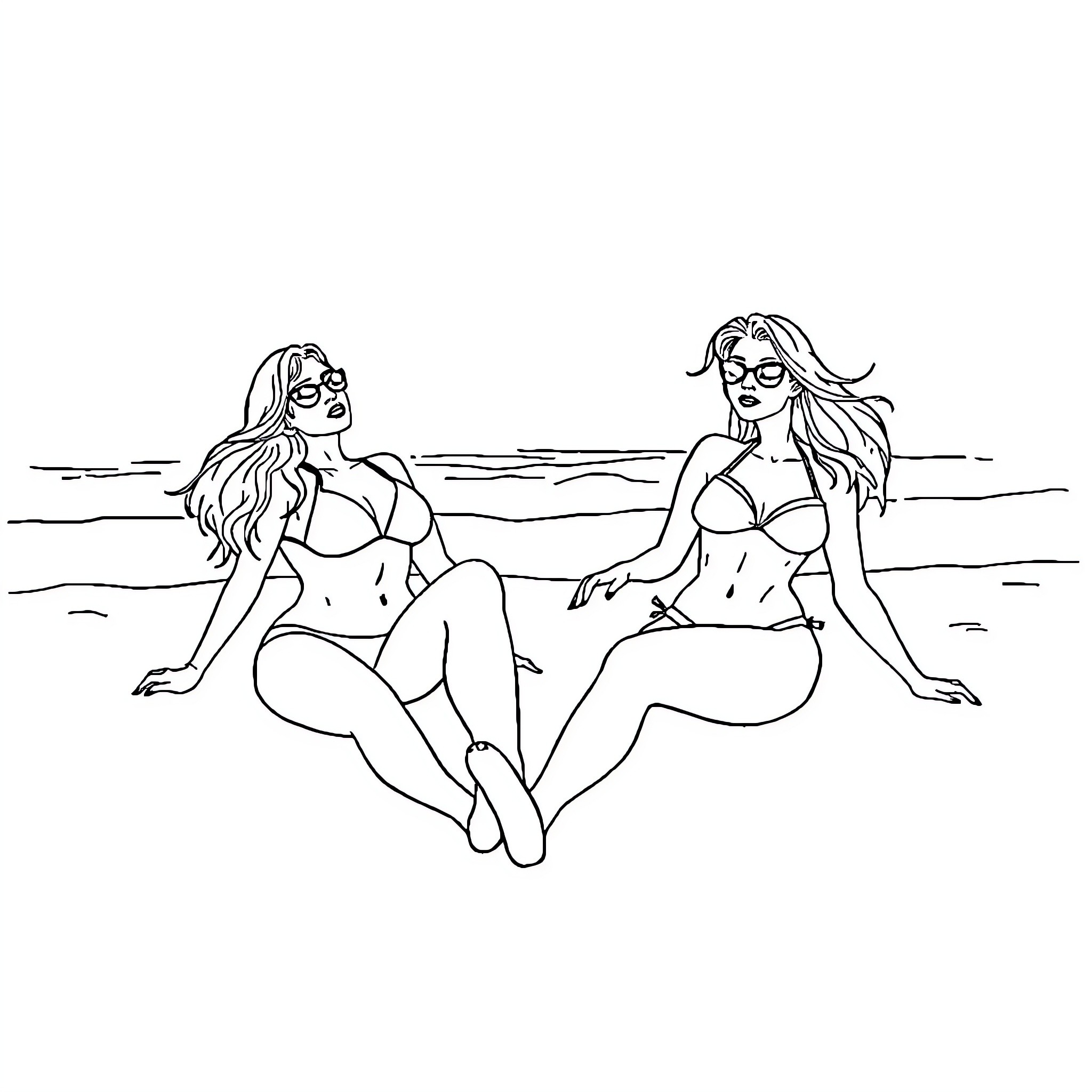 Babes relaxing at the beach Coloring Page (free black-and-white line drawing printable PDF for all, from beginners to advanced learners, including children, teens, adults, and seniors)