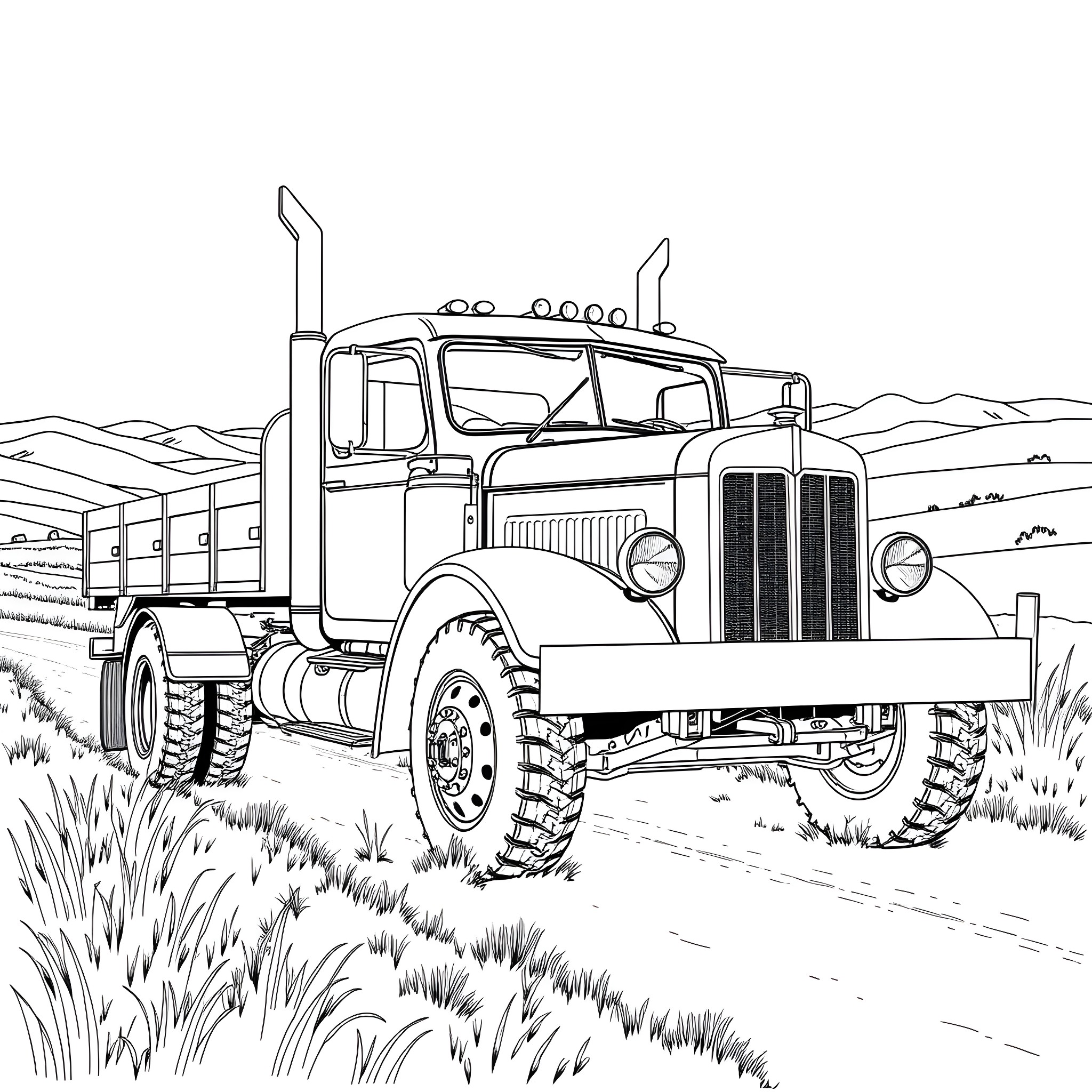 Truck hauling cargo through remote countryside Coloring Page (free black-and-white line drawing printable PDF for all, from beginners to advanced learners, including children, teens, adults, and seniors)