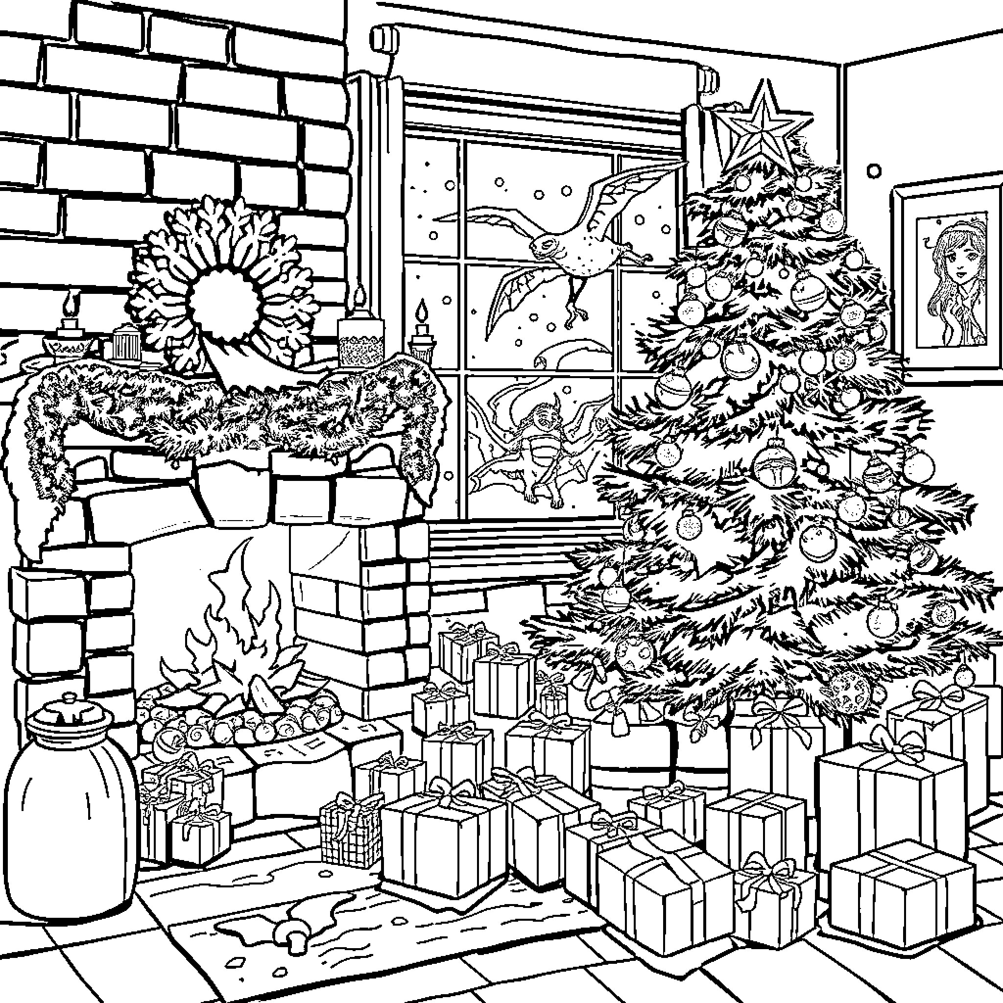 Max's Cozy Christmas Celebration Coloring Page (free black-and-white line drawing printable PDF for all, from beginners to advanced learners, including children, teens, adults, and seniors)