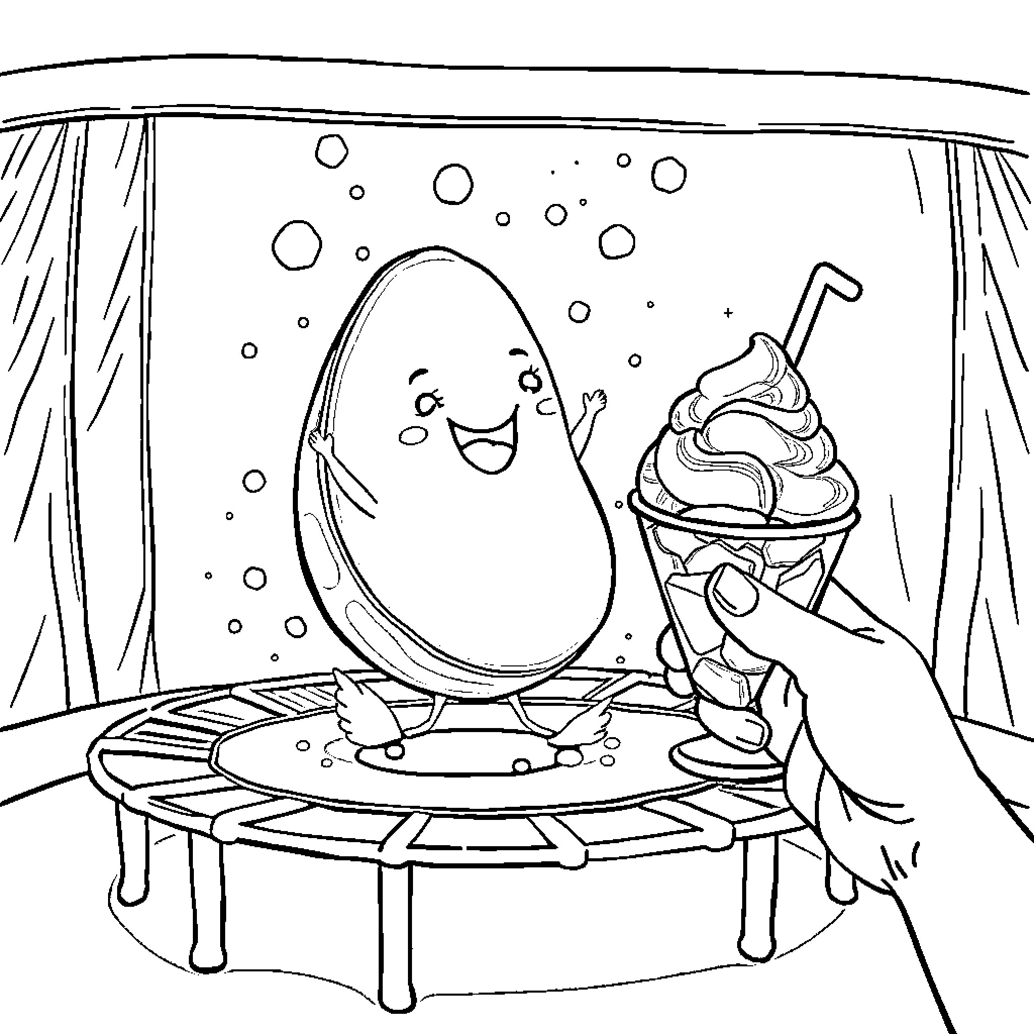 Aguacate enjoying a bubbly ice cream treat Coloring Page (free black-and-white line drawing printable PDF for all, from beginners to advanced learners, including children, teens, adults, and seniors)