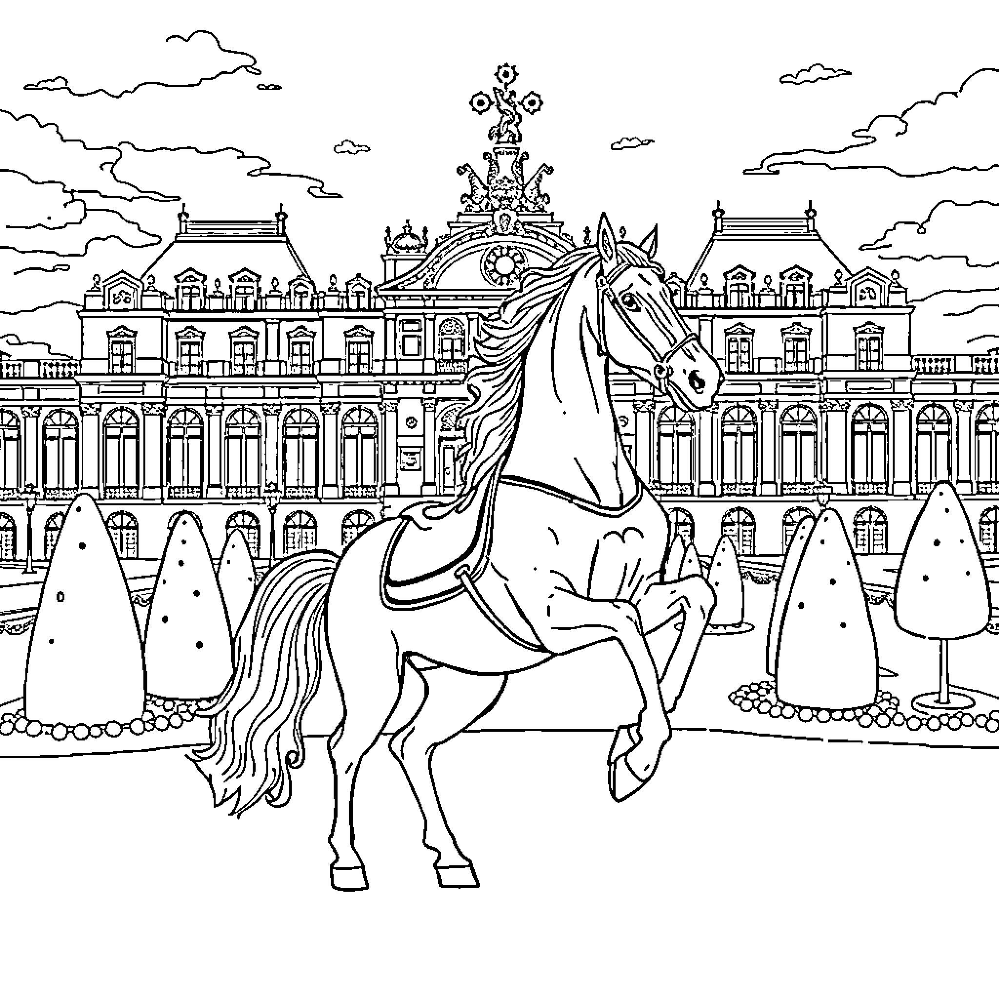 Horse prancing in front of grand palace Coloring Page (free black-and-white line drawing printable PDF for all, from beginners to advanced learners, including children, teens, adults, and seniors)