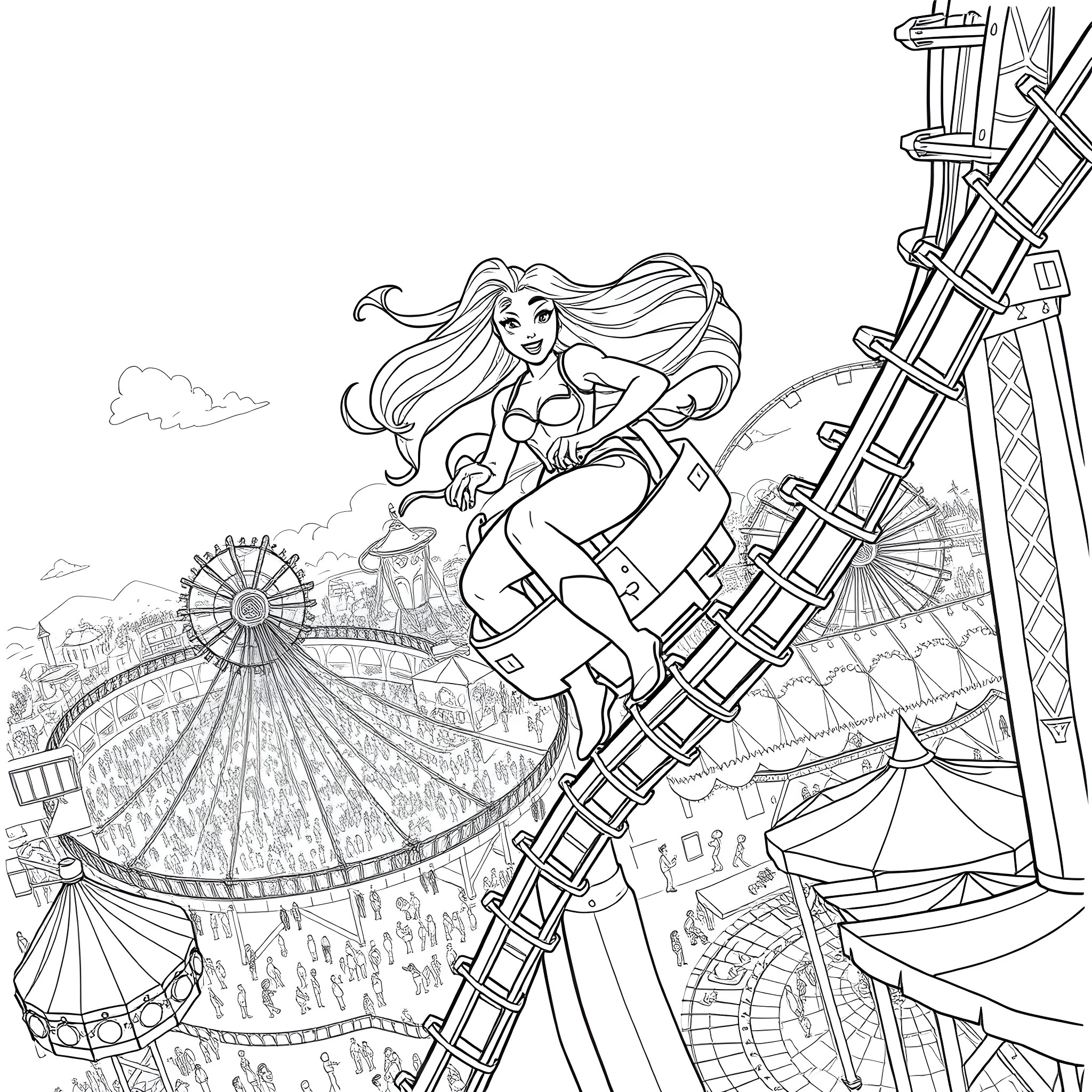 Starfire enjoying a thrilling amusement park ride Coloring Page (free black-and-white line drawing printable PDF for all, from beginners to advanced learners, including children, teens, adults, and seniors)